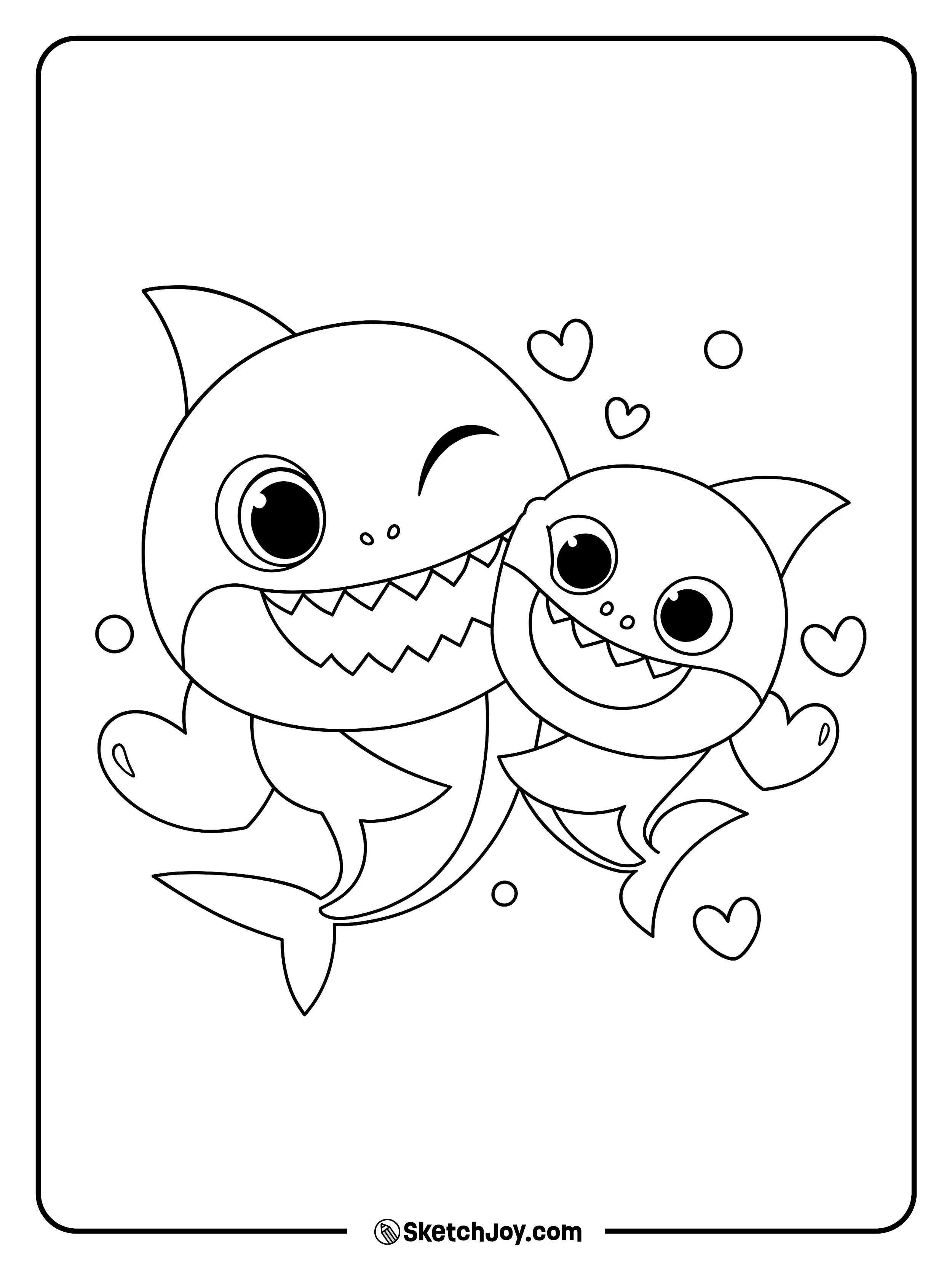 Daddy Shark hugs Baby Shark with cute hearts all around.