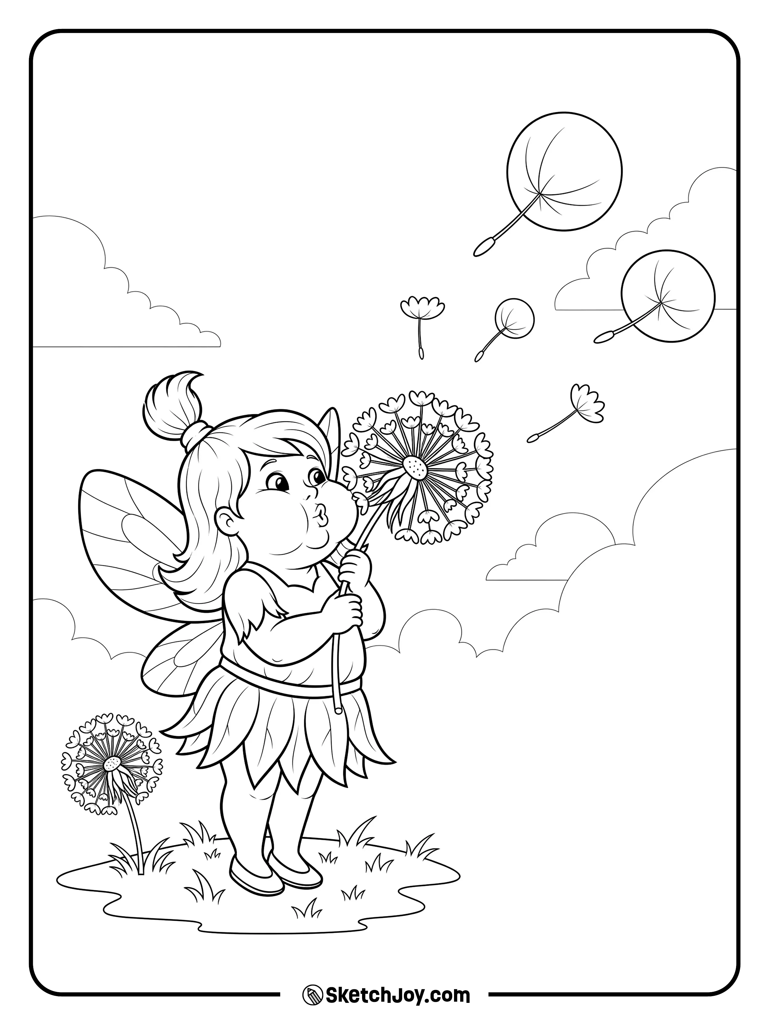 A fairy blows on a dandelion and sends big fluffy seeds into the air.
