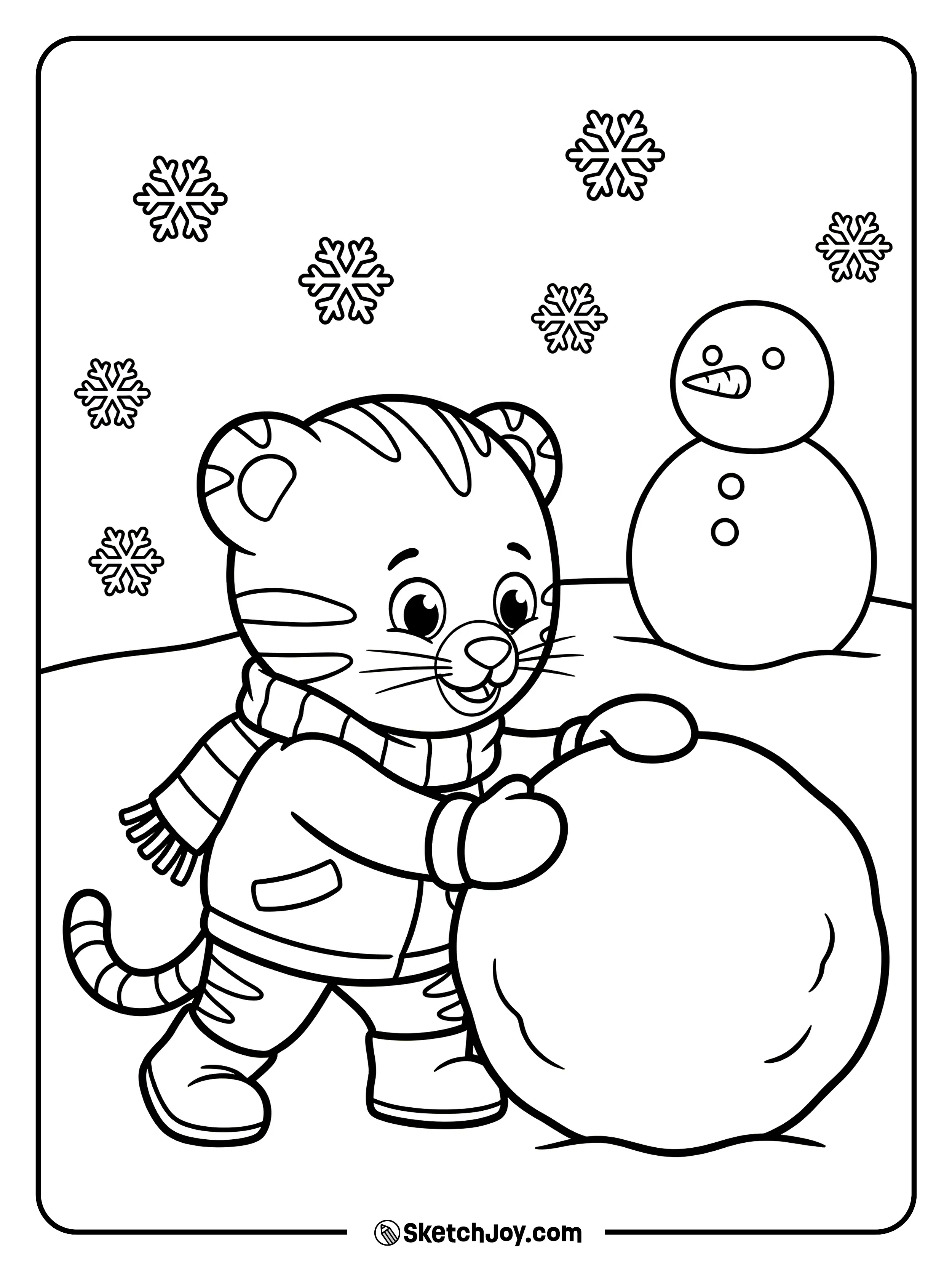 Daniel Tiger rolls a big snowball while a snowman stands nearby.