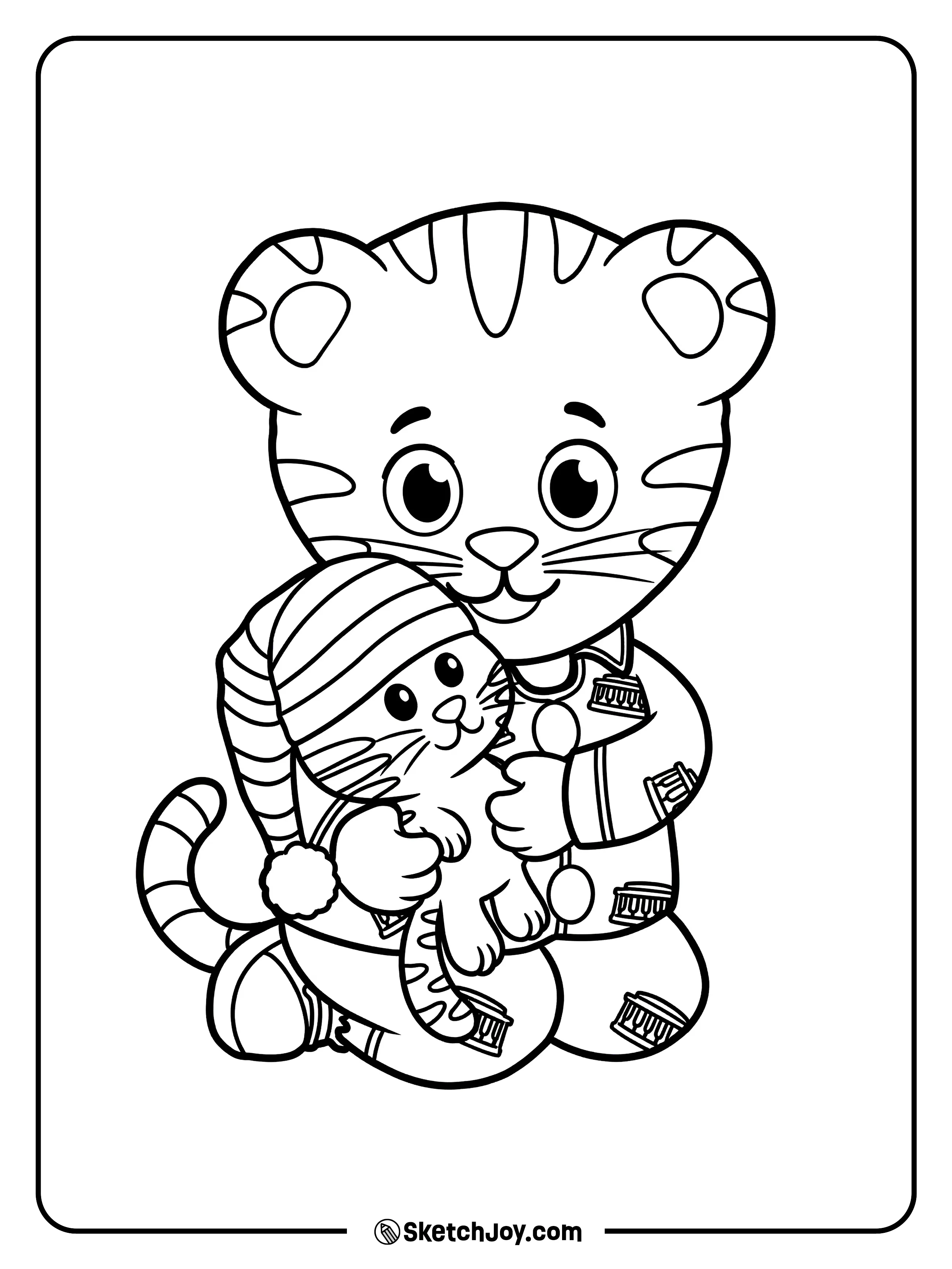 Daniel Tiger hugs Tigey close in cozy pajamas.