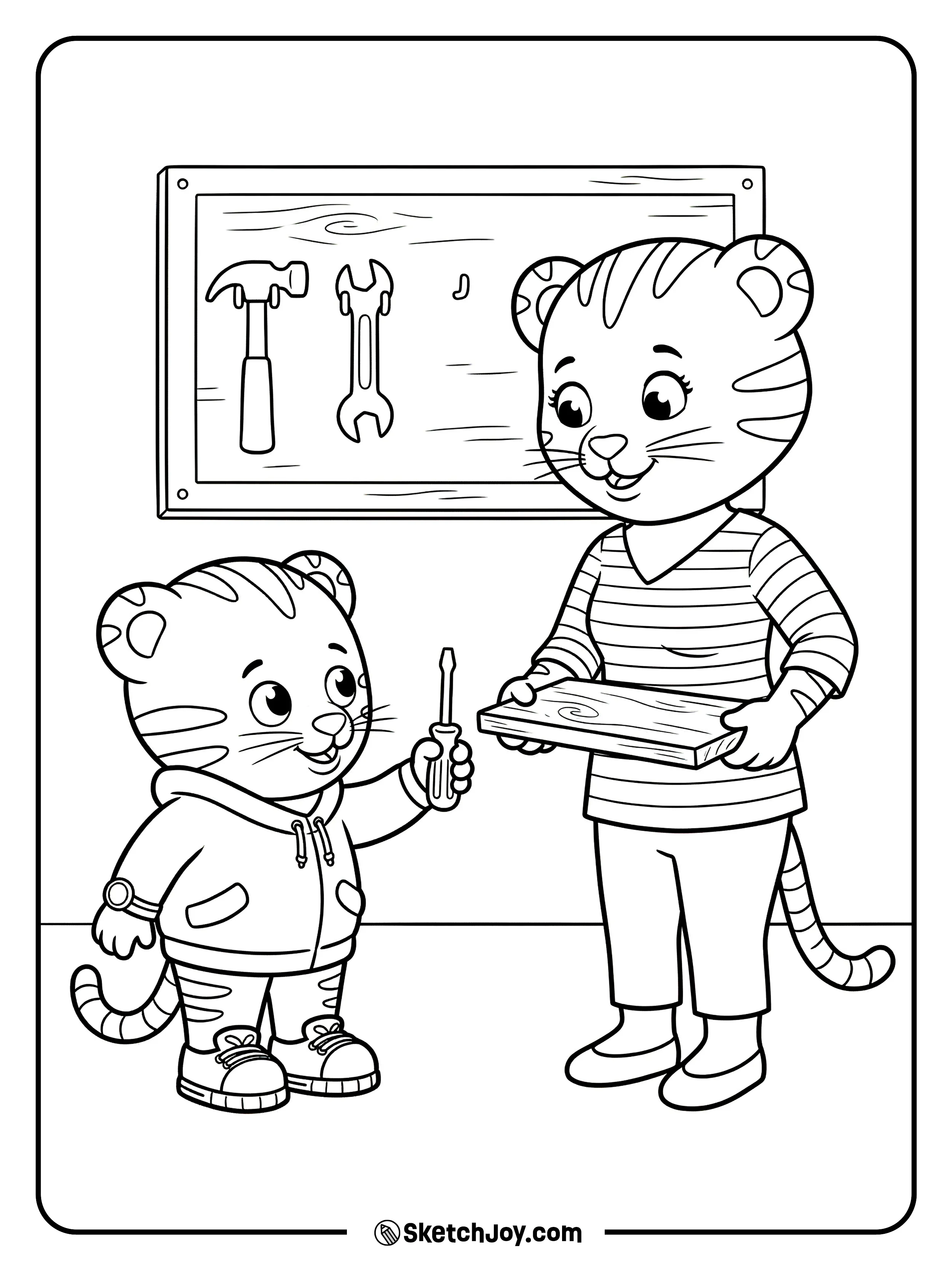 Daniel Tiger holds a tool while Mom Tiger carries a board.