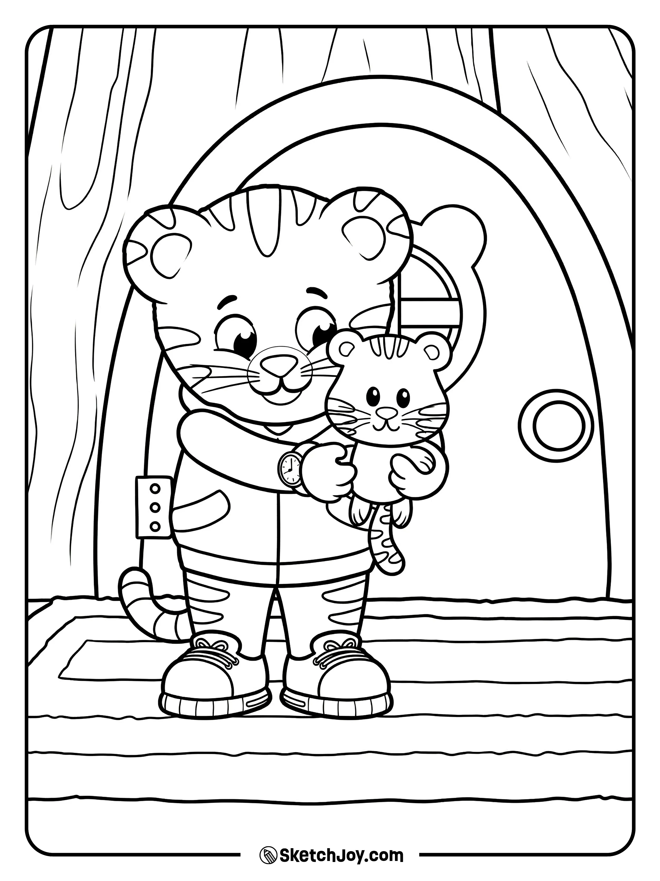 Daniel Tiger cuddles Tigey by the front door.