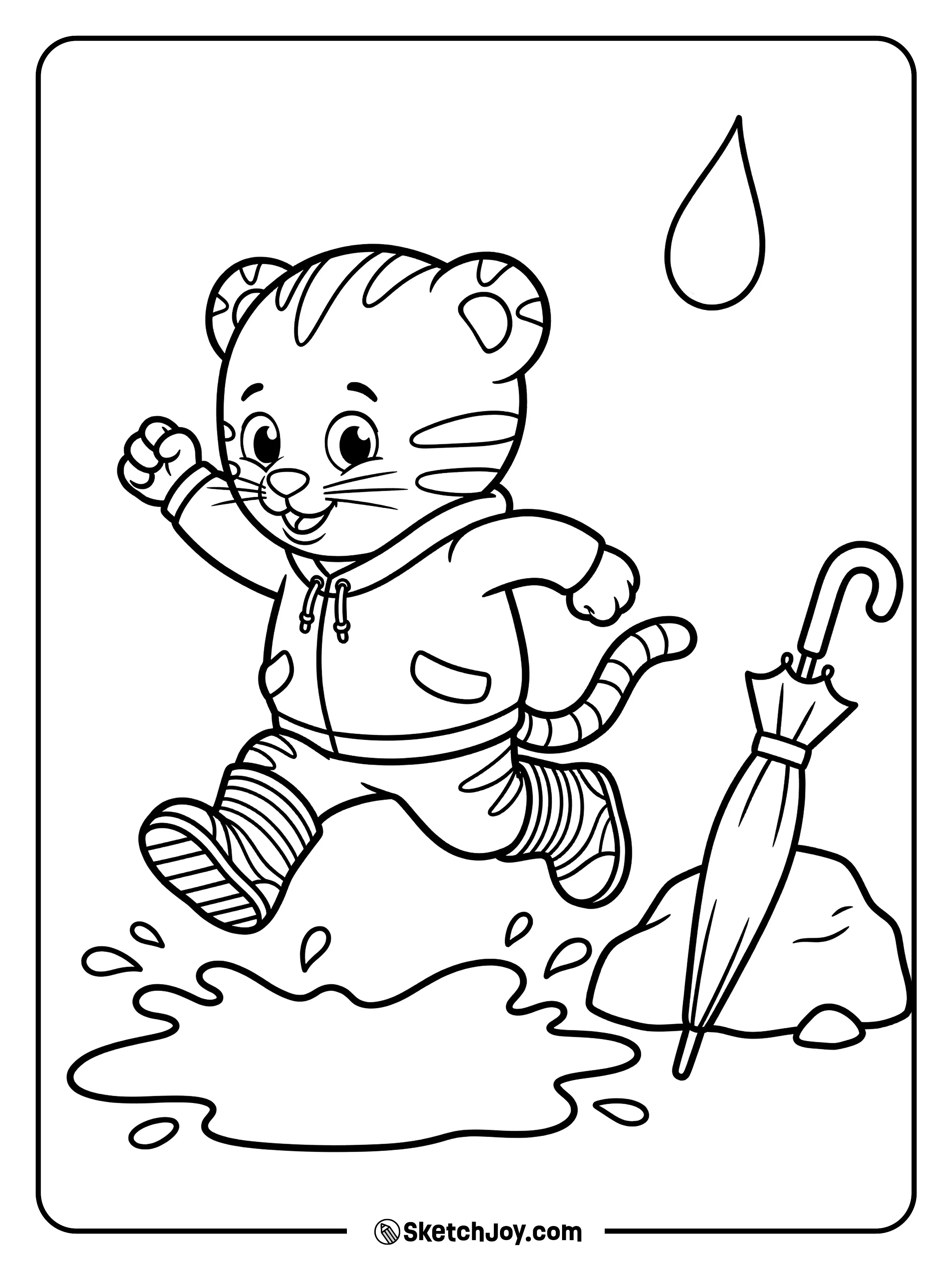 Daniel Tiger splashes in a puddle with an umbrella close by.