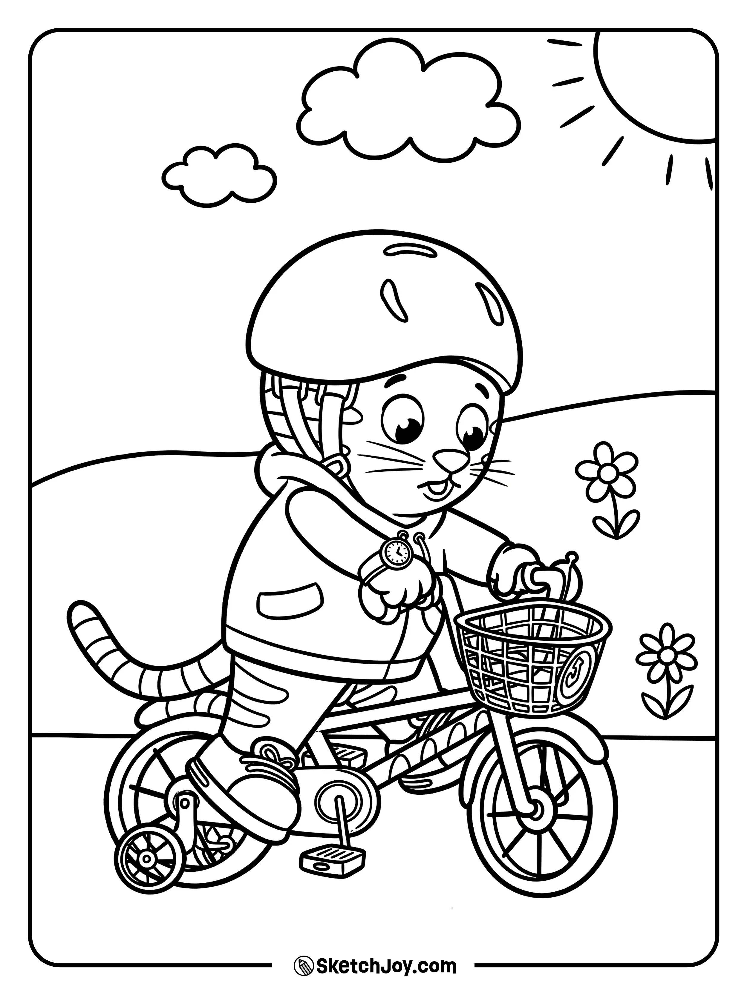 Daniel Tiger rides his bike with a helmet and a basket.