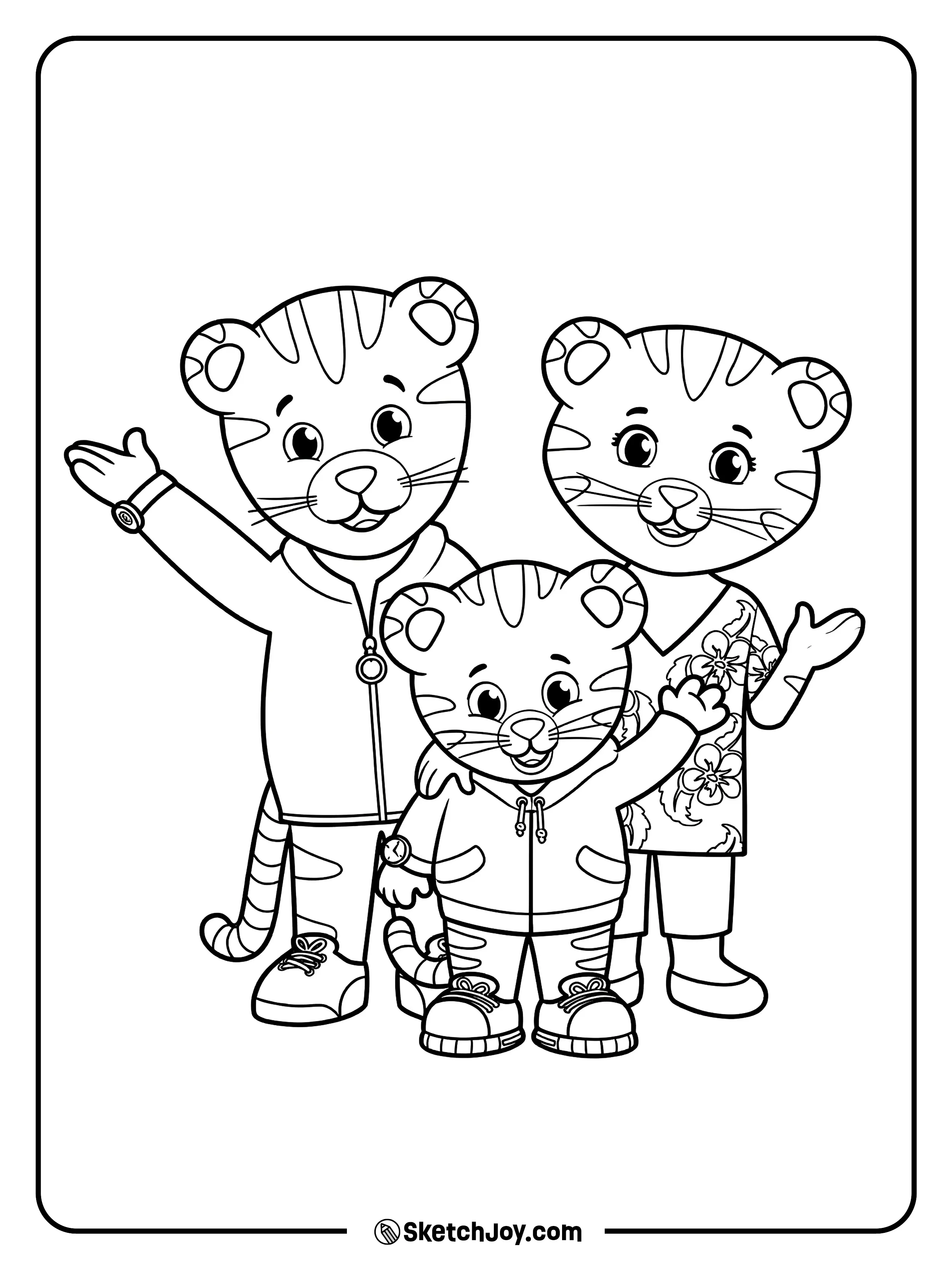 Daniel Tiger poses with Mom Tiger and Dad Tiger and they all wave.