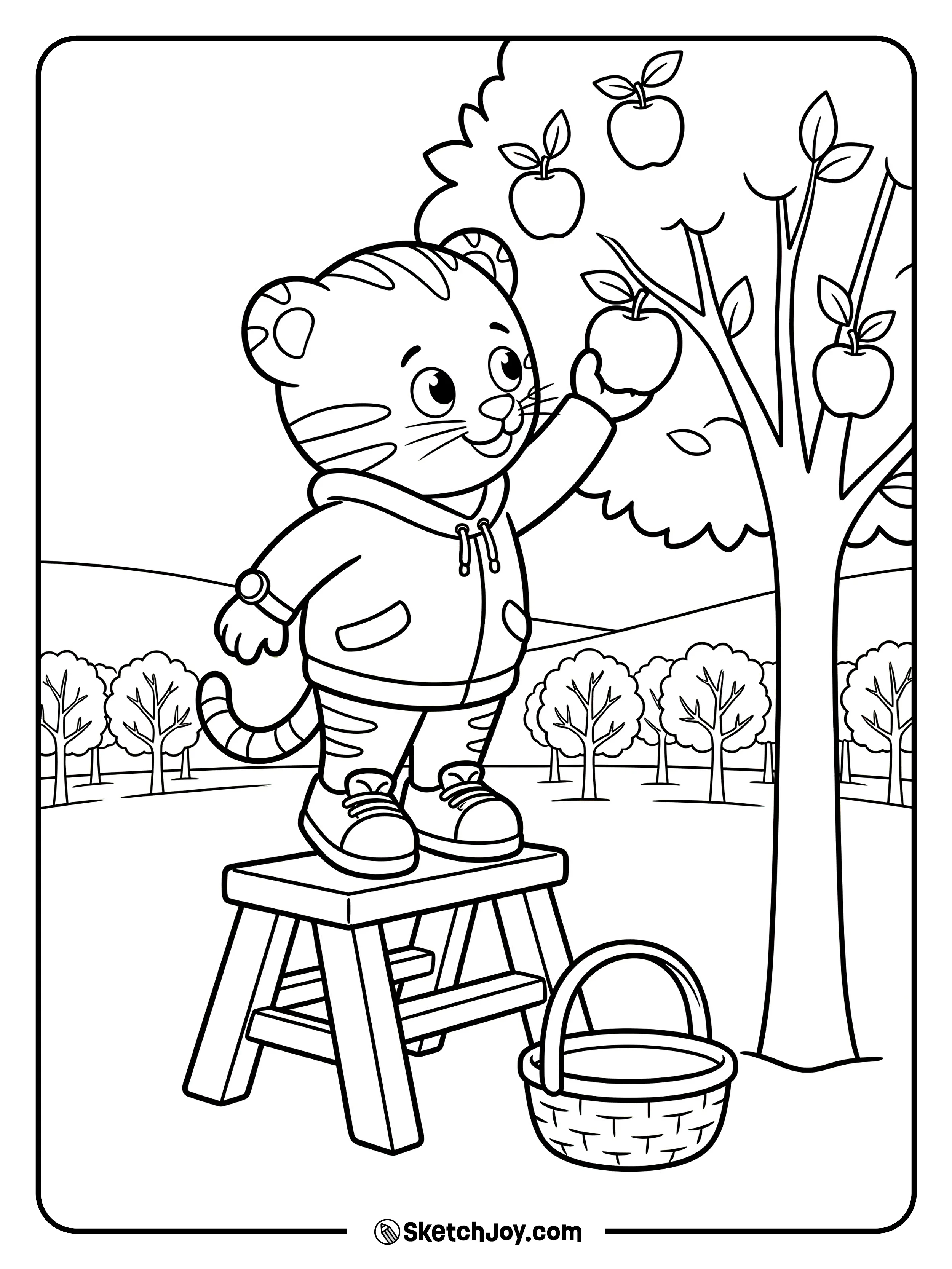 Daniel Tiger reaches for an apple while standing on a small step stool.