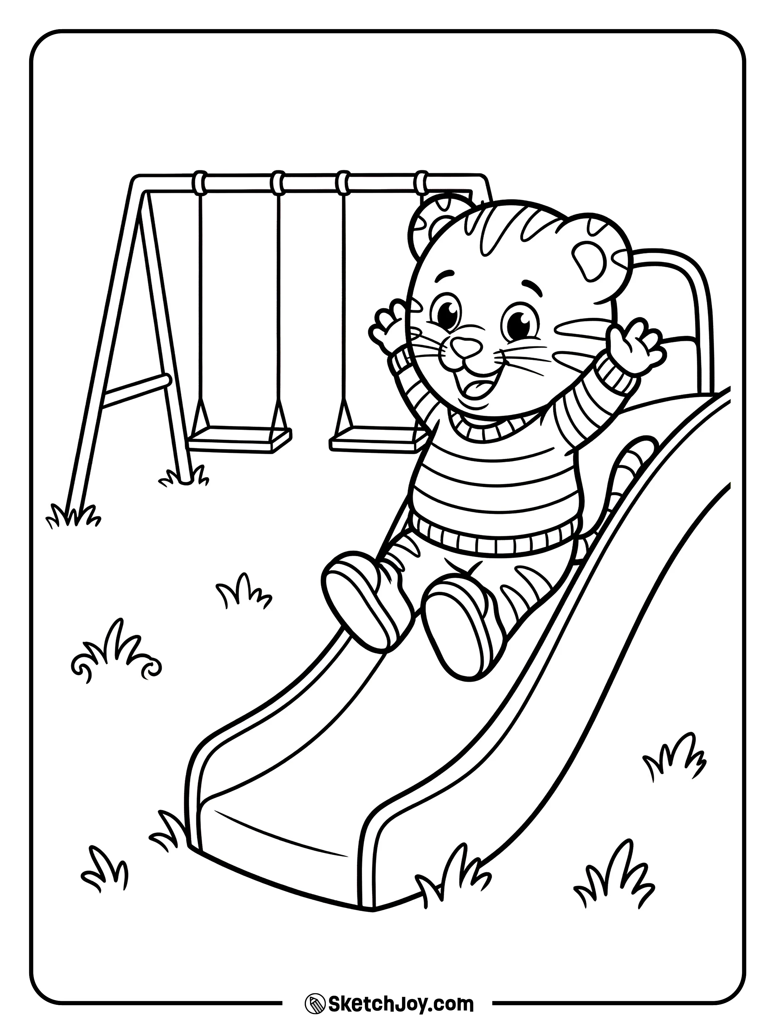 Daniel Tiger smiles with his hands up as he goes down the slide.
