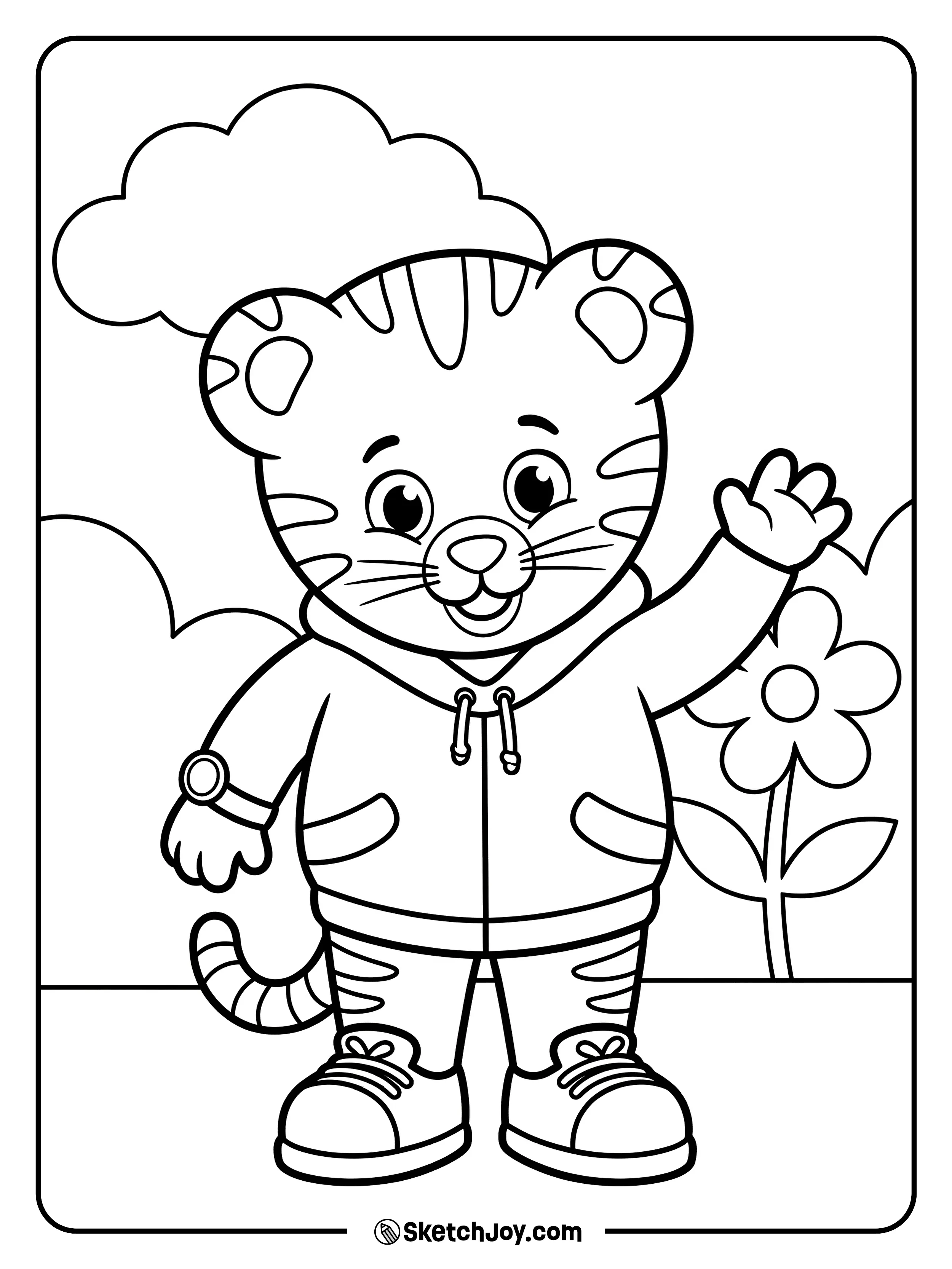 Daniel Tiger smiles and waves near a big flower.