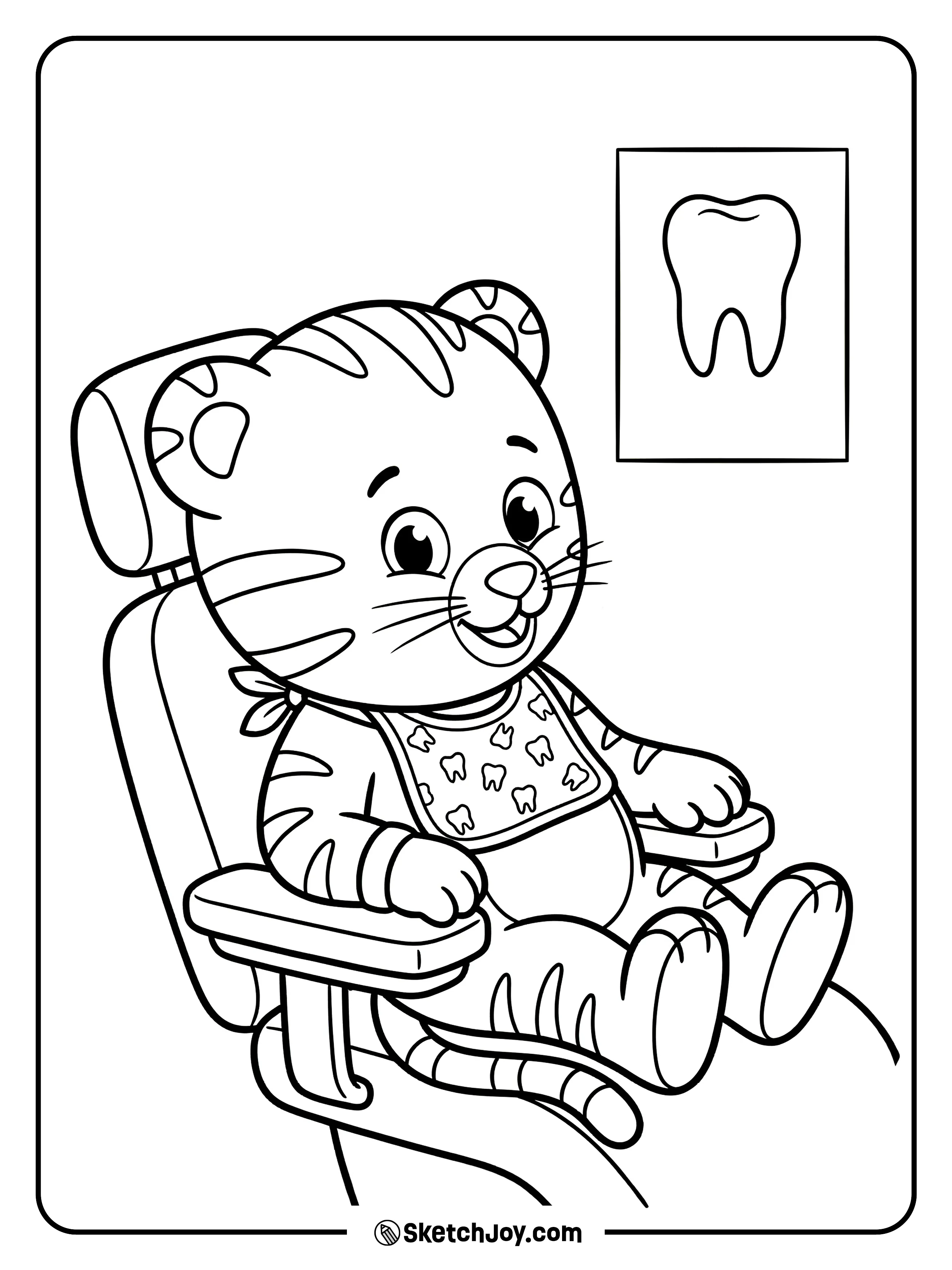 Daniel Tiger sits in the chair and looks ready for a tooth check.