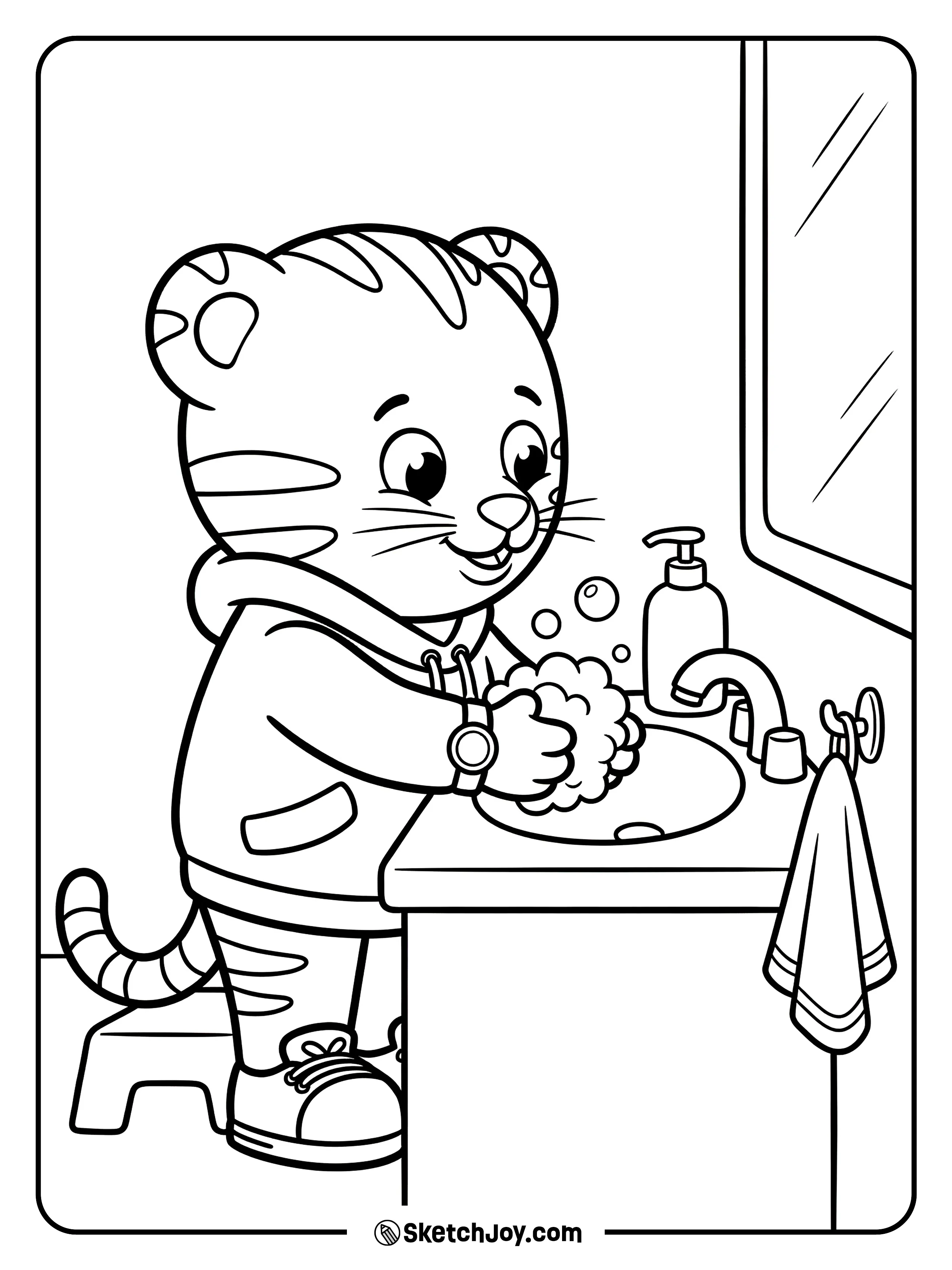 Daniel Tiger washes his hands with lots of soap bubbles.