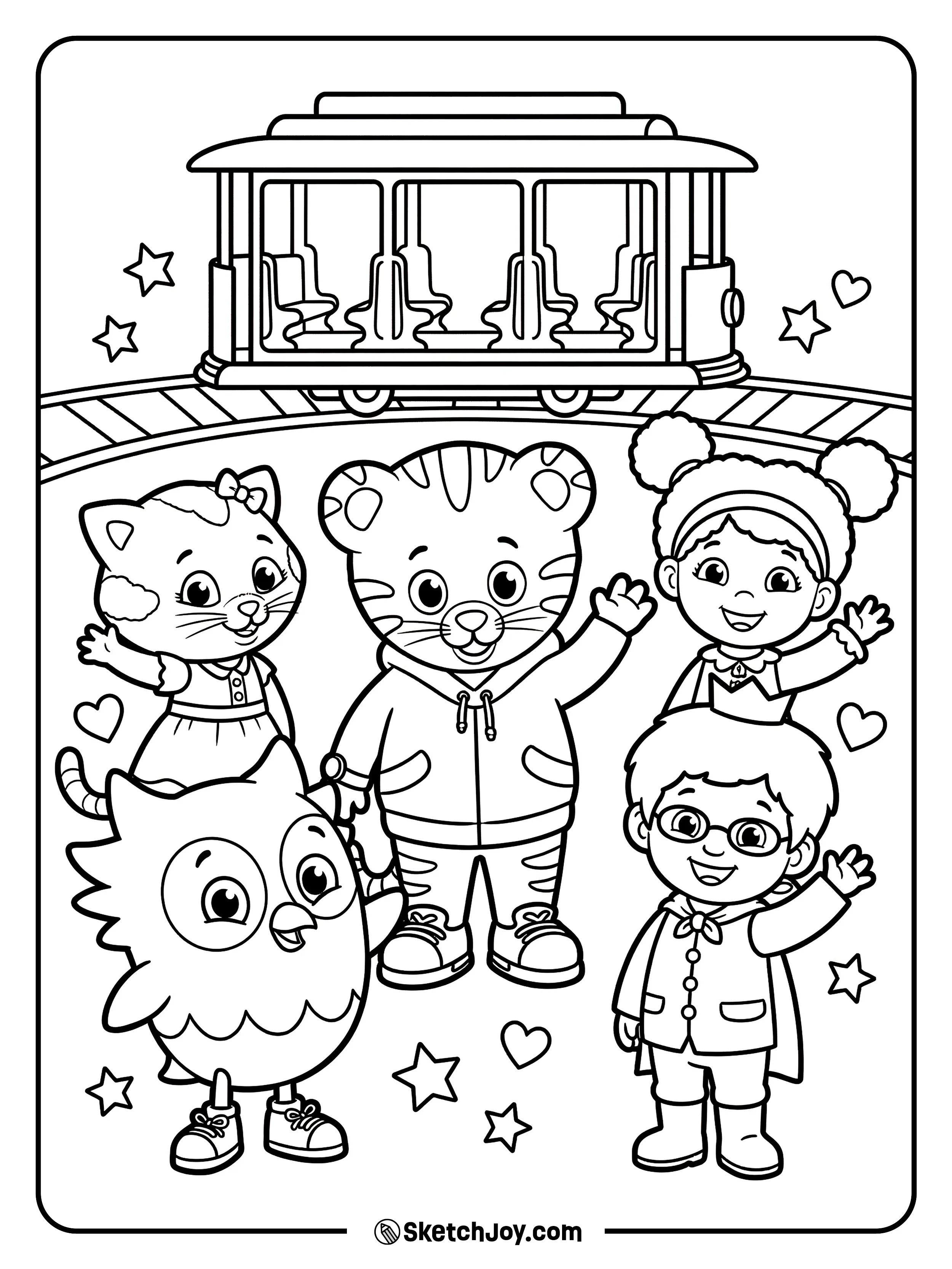 Daniel Tiger waves with Katerina Kittycat, O the Owl, Miss Elaina, and Prince Wednesday as Trolley rolls by.