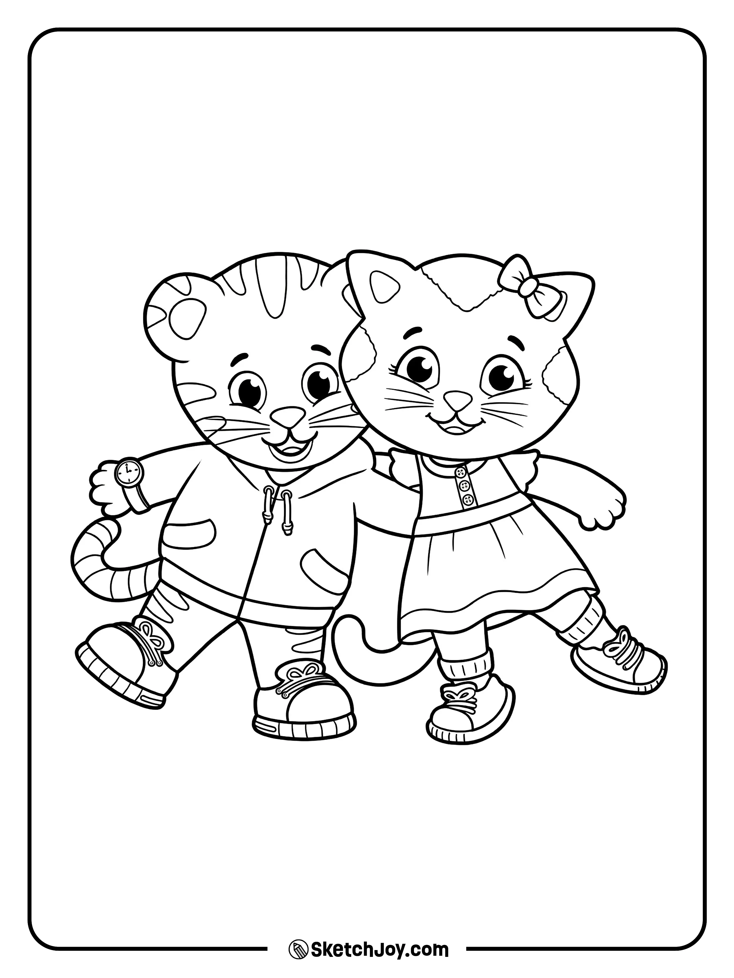 Daniel Tiger and Katerina Kittycat smile and step side to side.