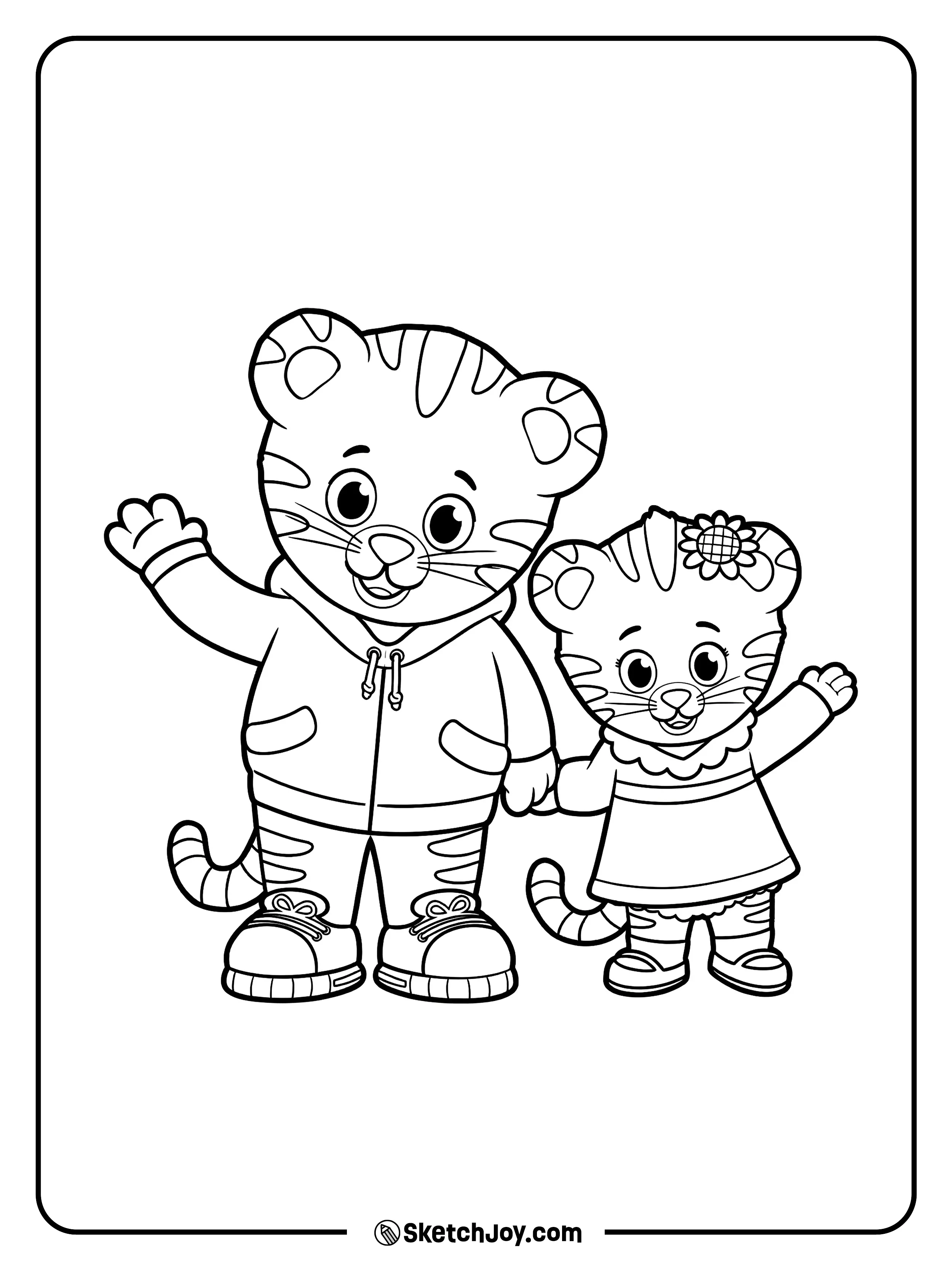 Daniel Tiger and Margaret Tiger wave together.