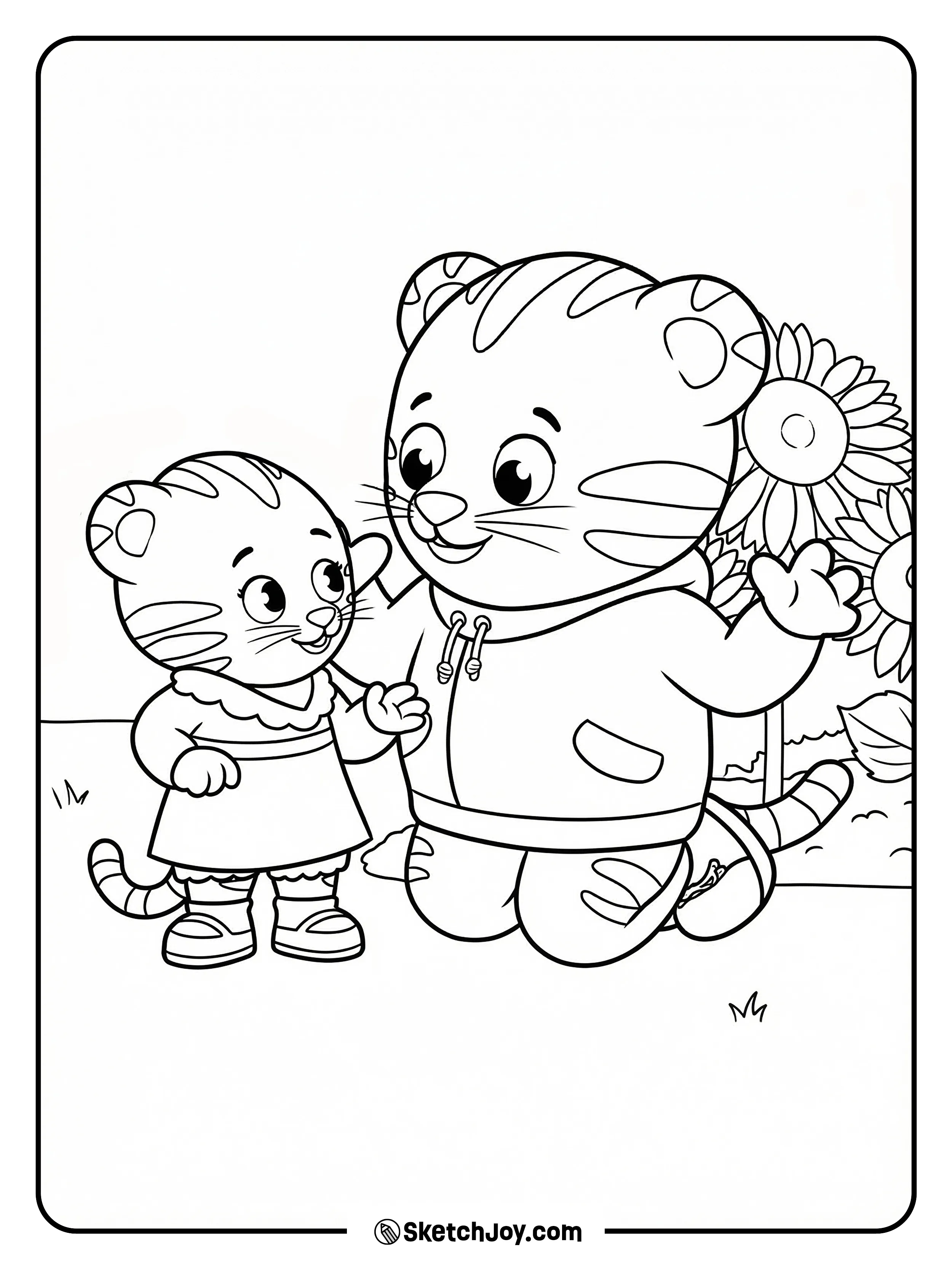 Daniel Tiger talks with Margaret Tiger near tall flowers.