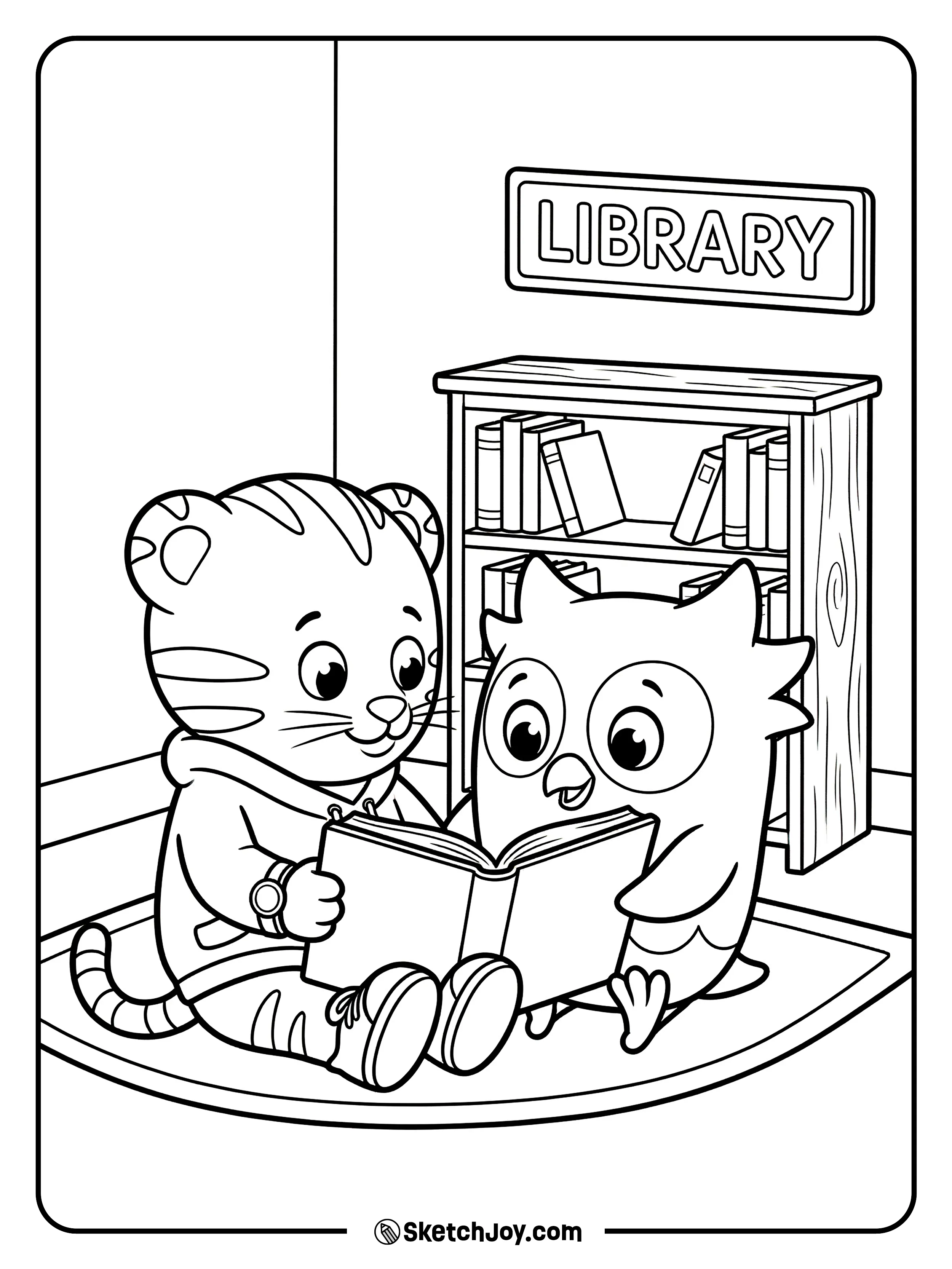 Daniel Tiger reads a book with O the Owl under the library sign.