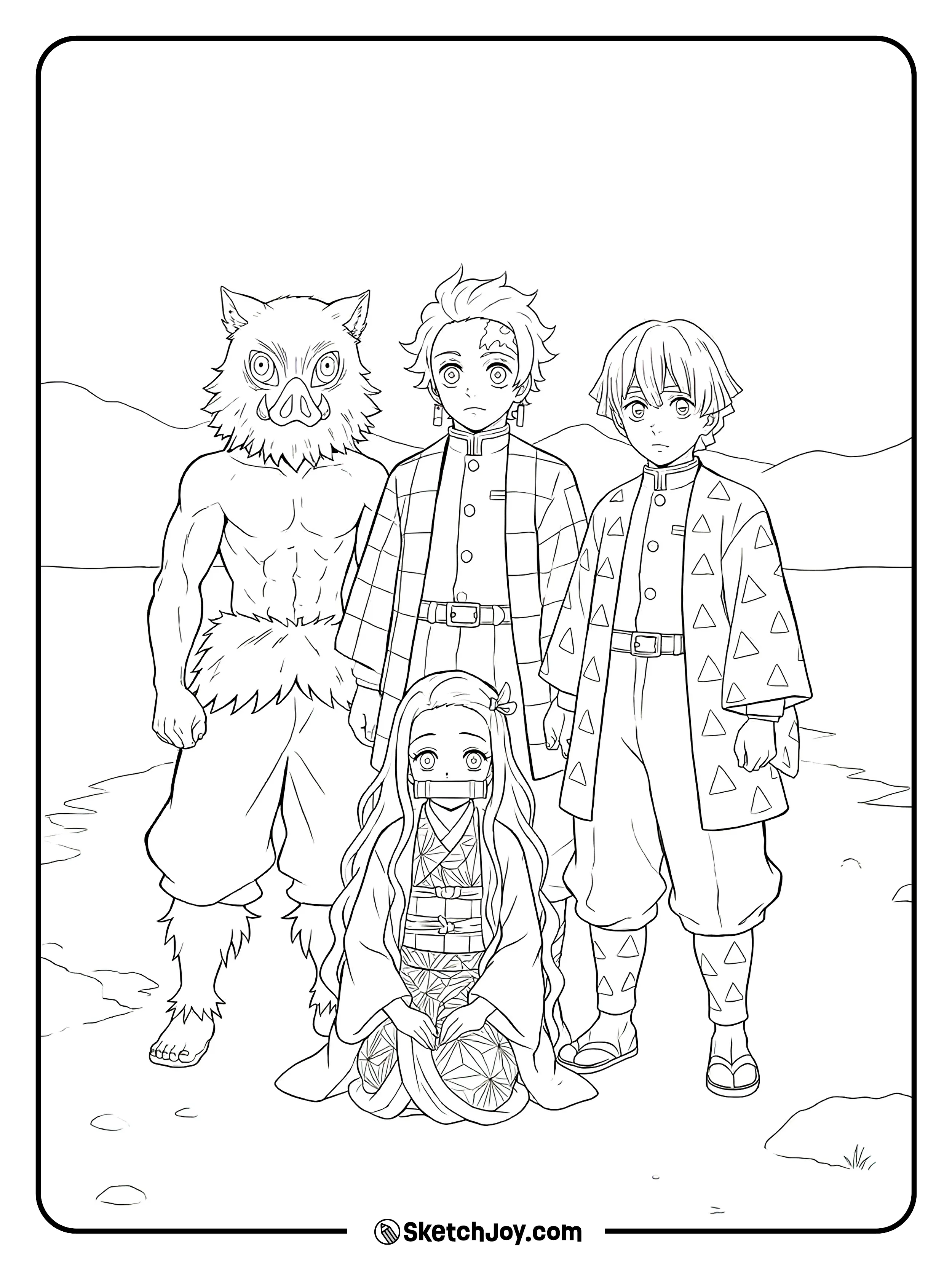 Nezuko kneels in front while Tanjiro, Zenitsu, and Inosuke stand behind her on a calm riverside path.