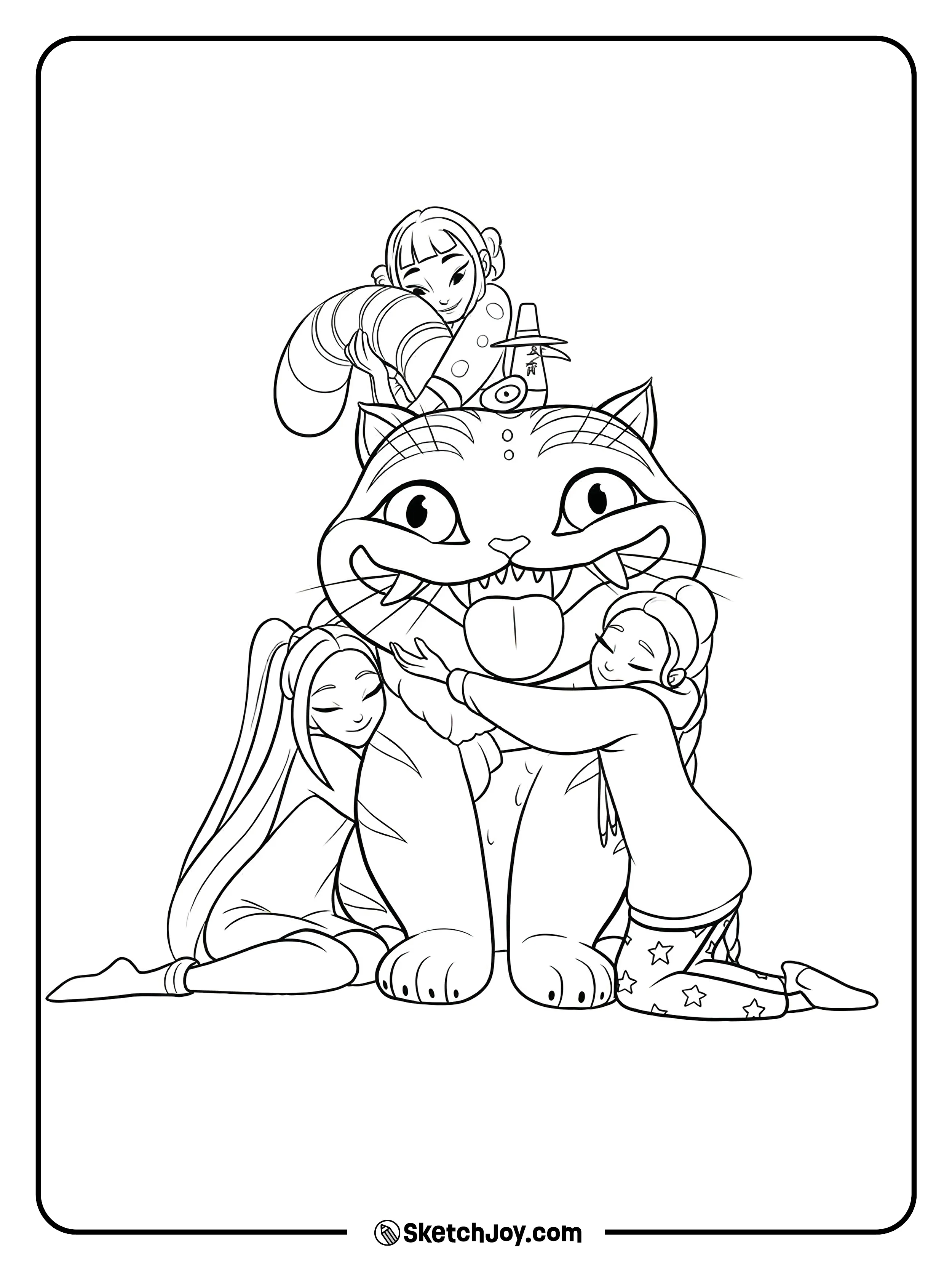 Rumi, Mira, and Zoey snuggle up and hug Derpy Tiger like a big plush friend.