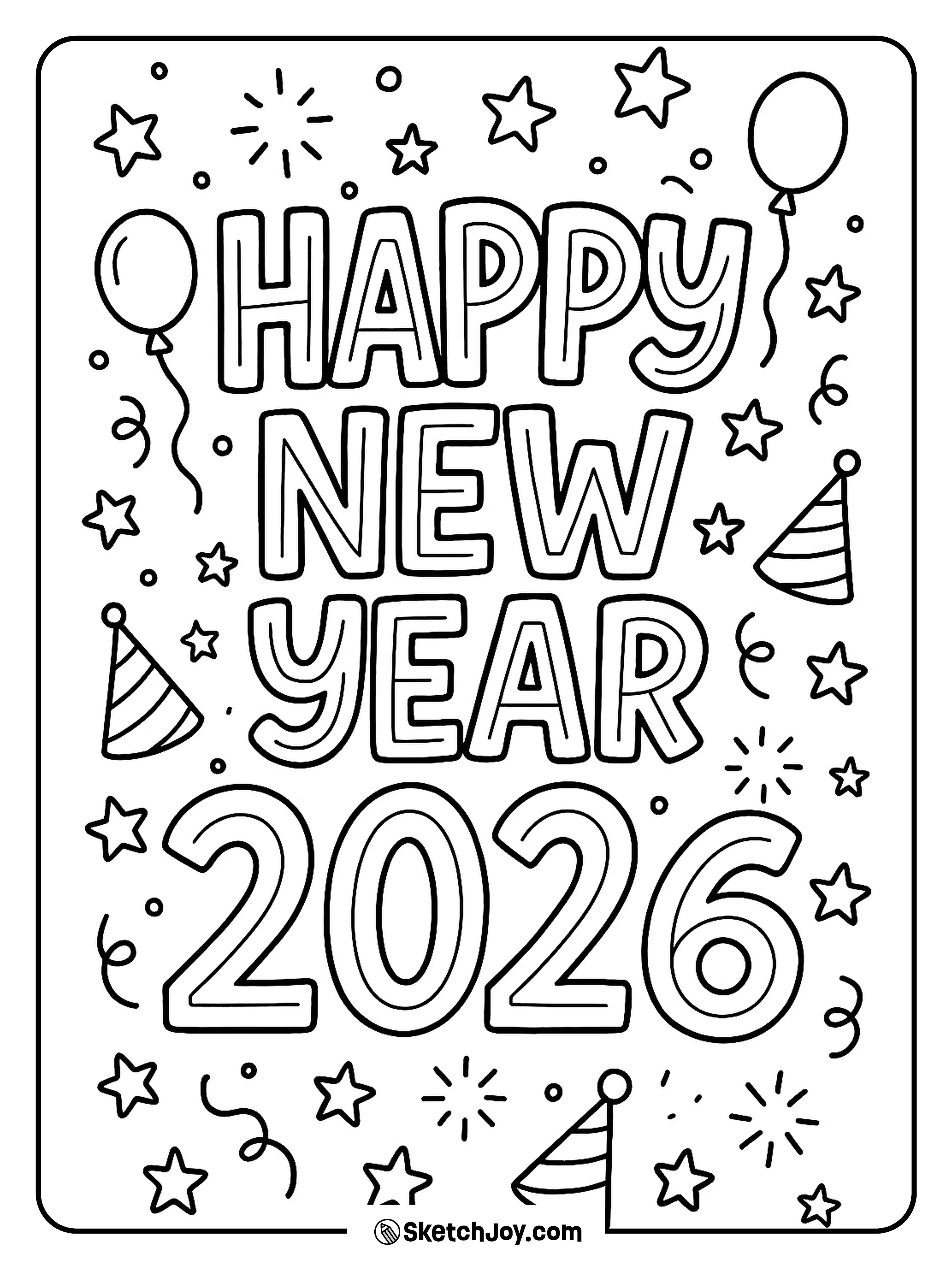 Big hand-lettered words say Happy New Year 2026 with doodles.