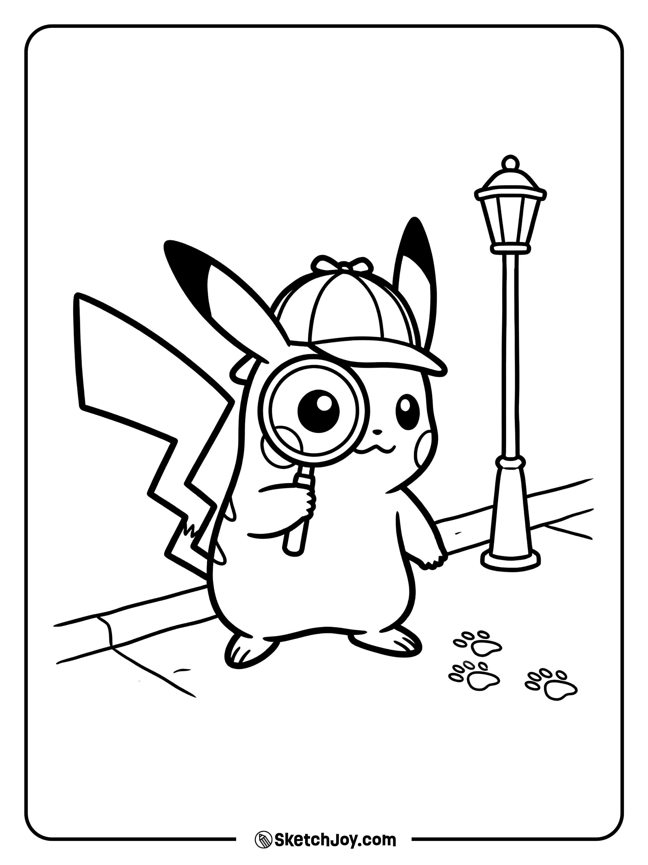 Pikachu wears a detective cap and holds a magnifying glass.