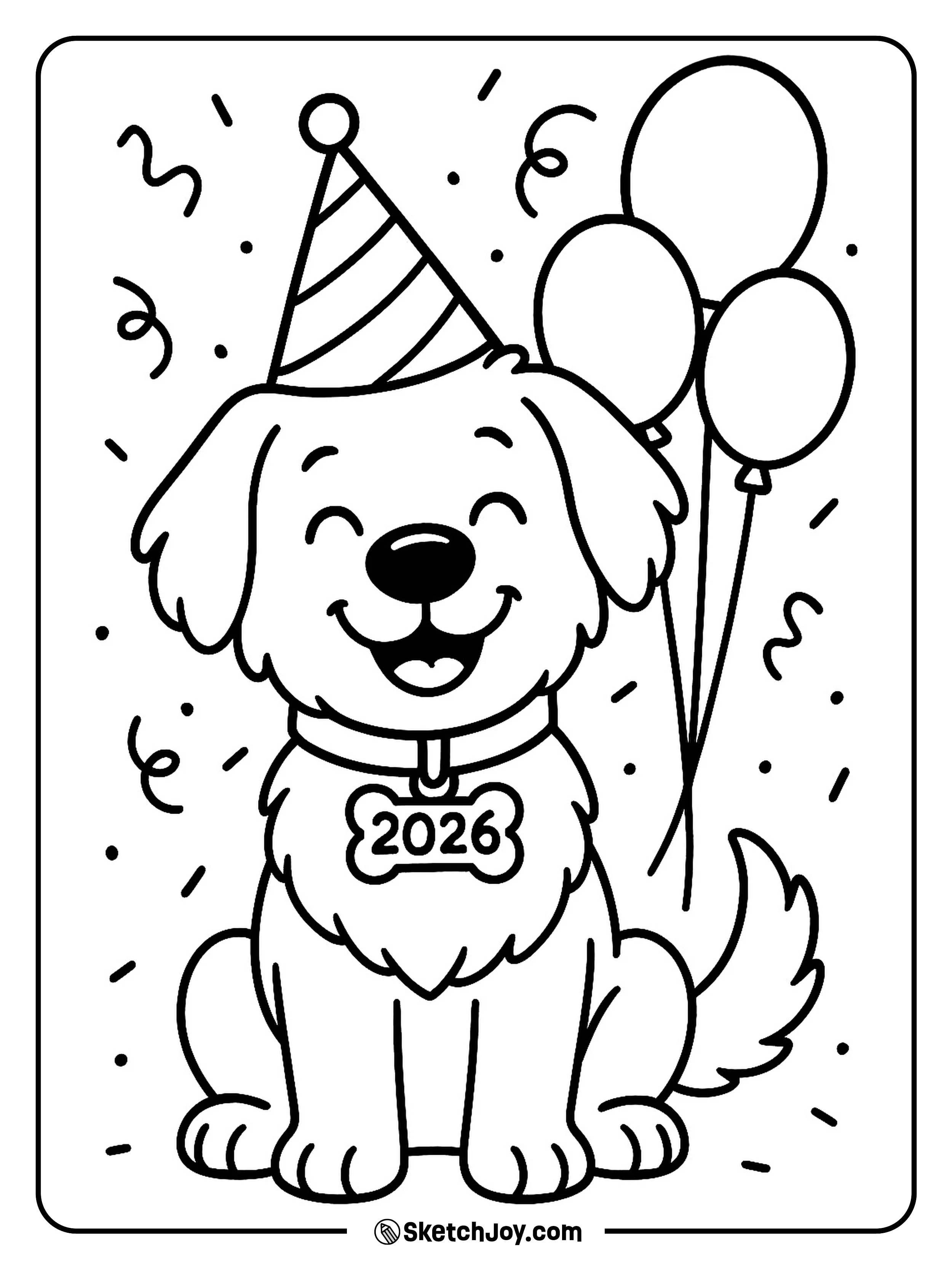 A happy dog sits with a 2026 collar tag.