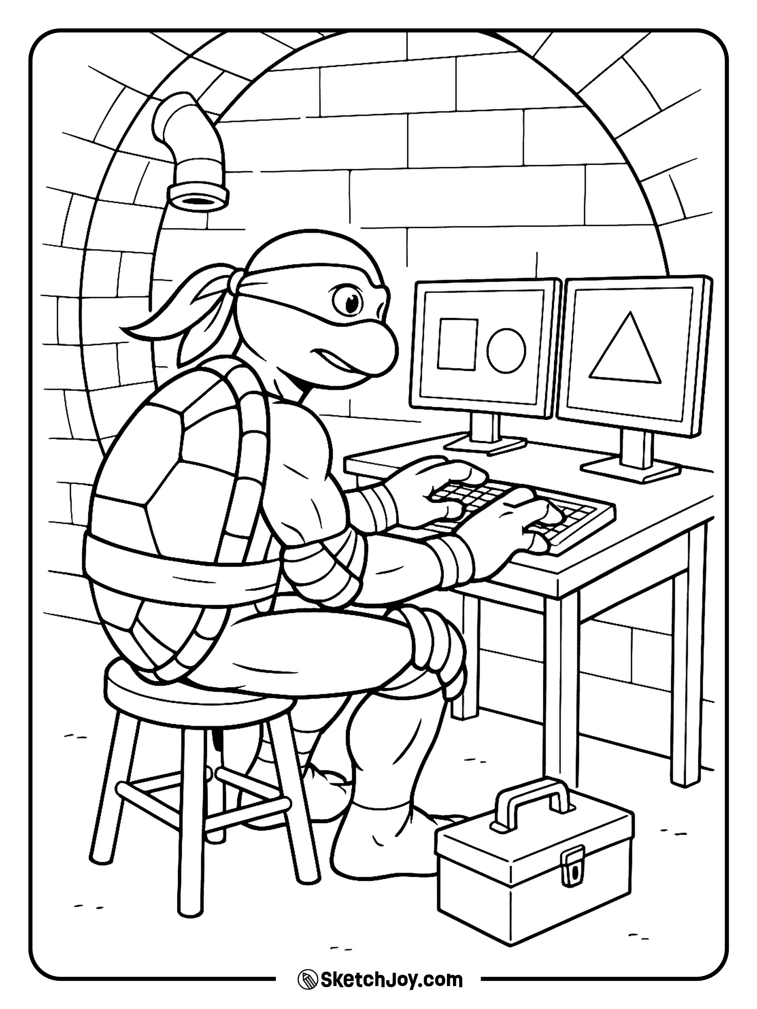 Donatello works at a simple tech desk with a few screens.