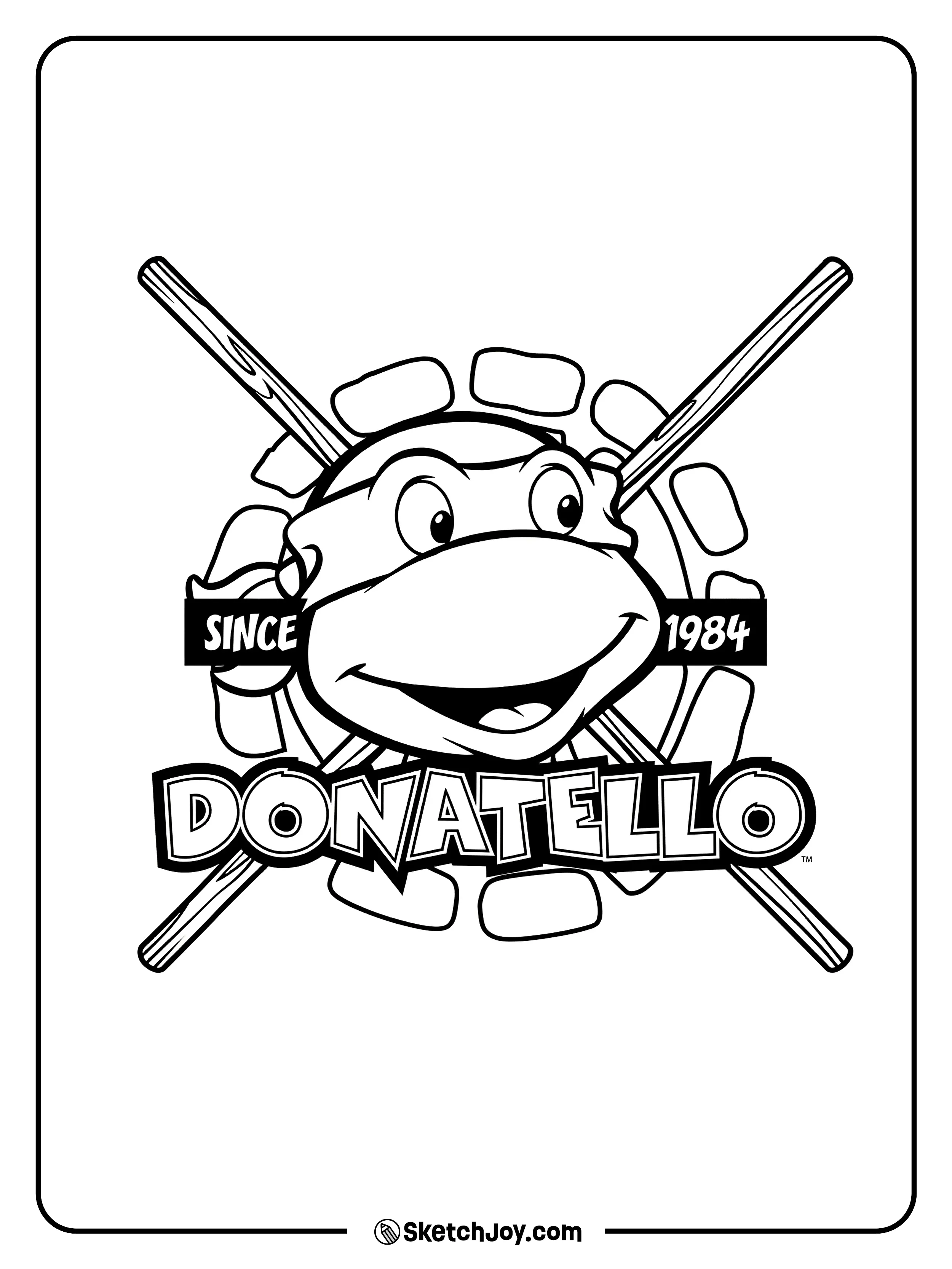 Donatello smiles in a round badge with crossed bo staffs and the words “Since 1984” around him.