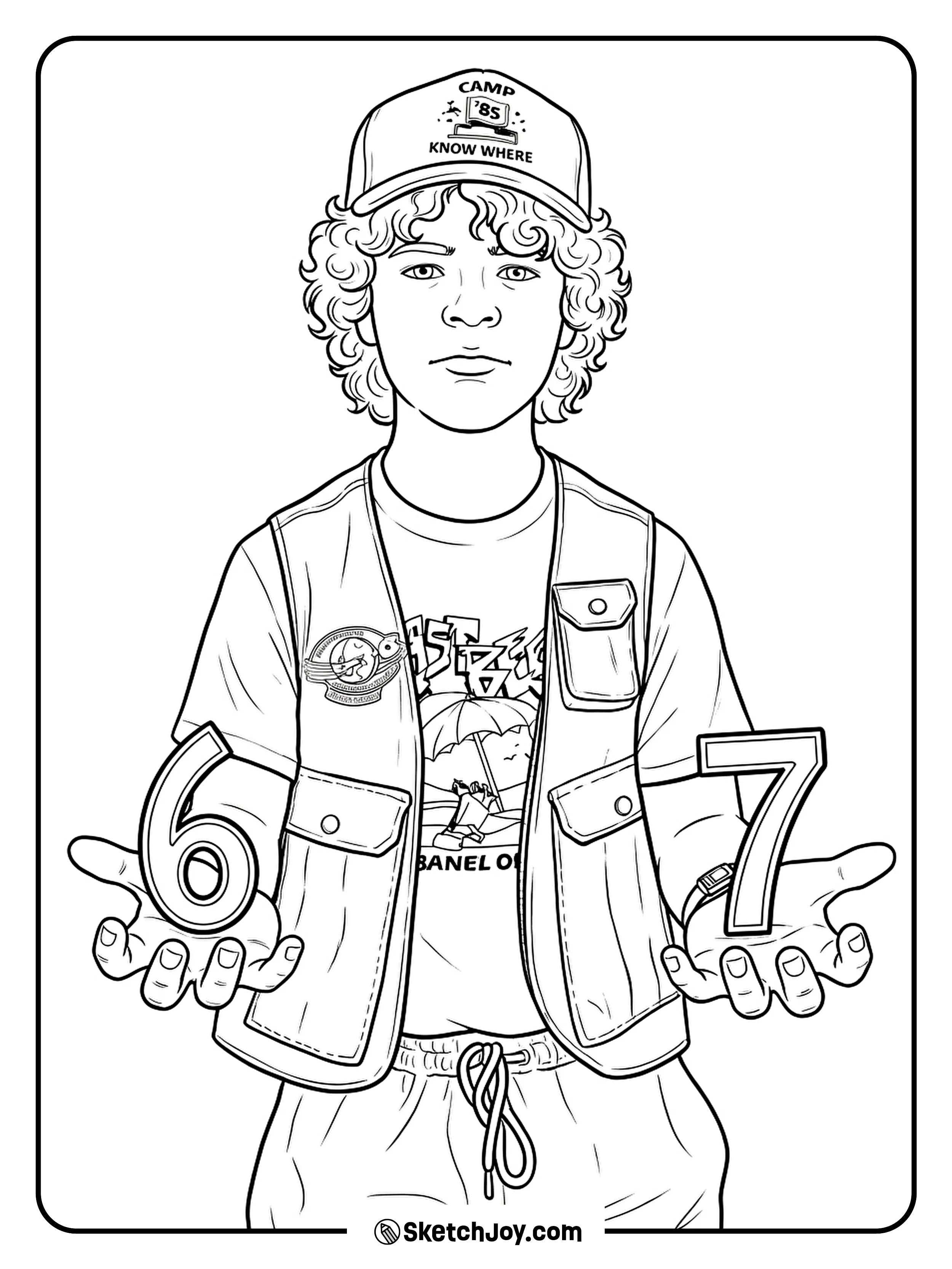 Dustin Henderson from Stranger Things stands in his camp outfit and calmly holds the numbers 6 and 7 in his open hands.