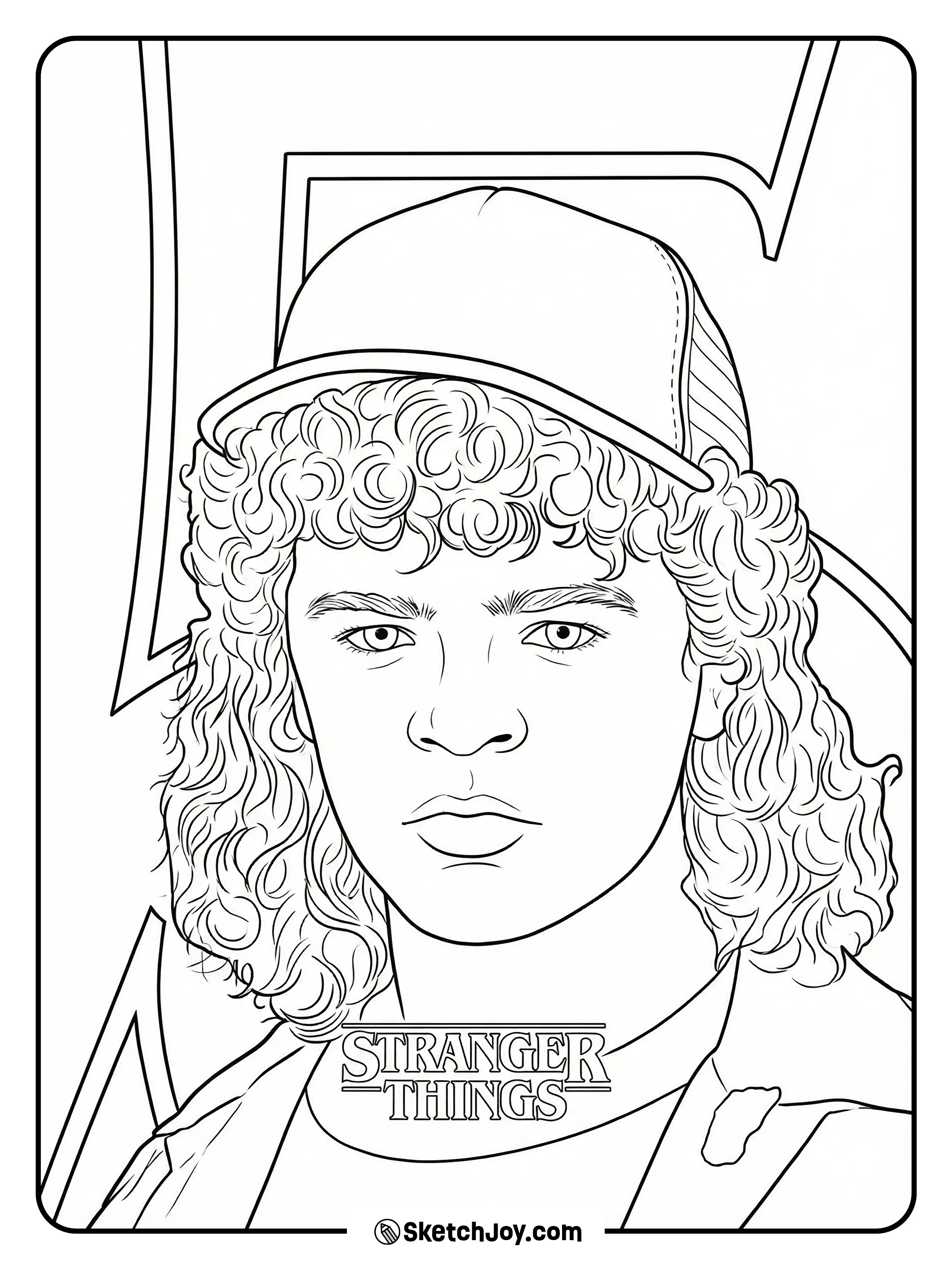 Dustin’s face in Season 5 fills the page with his curly hair, cap.