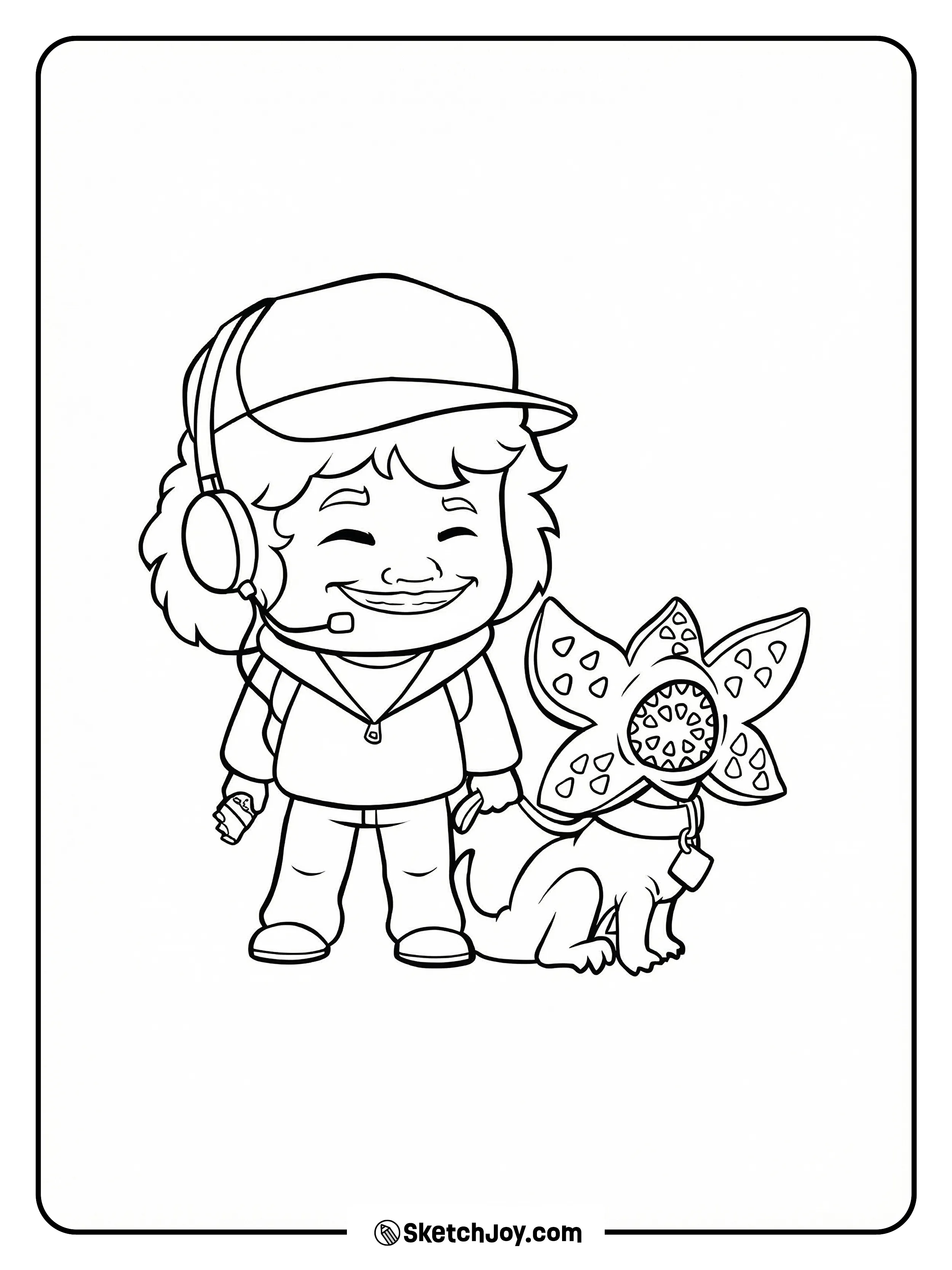 Cute cartoon Dustin smiles in his cap and headset while little Dart the demodog sits calmly on a leash beside him.