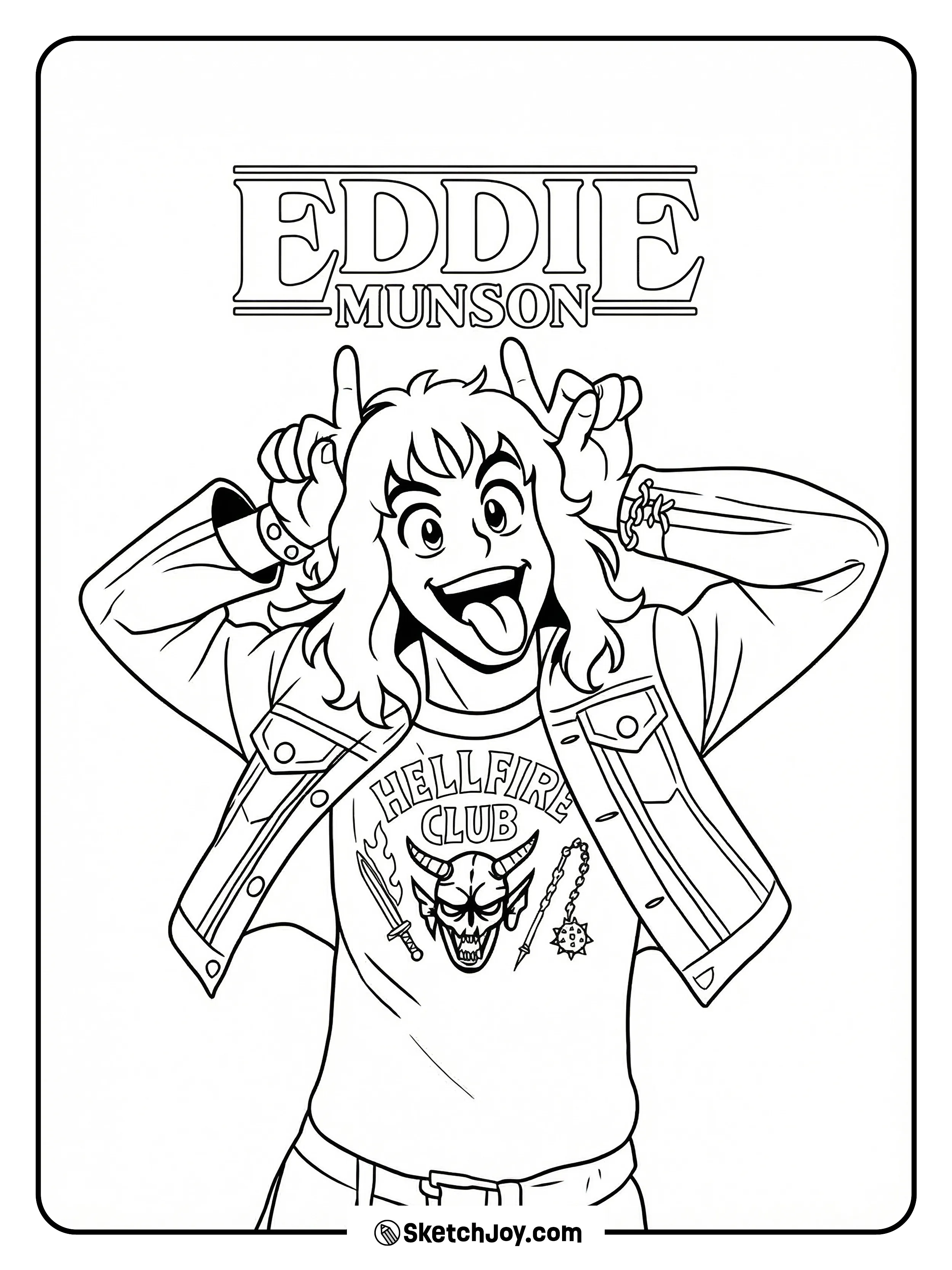 Eddie Munson sticks out his tongue and holds up rock horns while showing his Hellfire Club shirt.