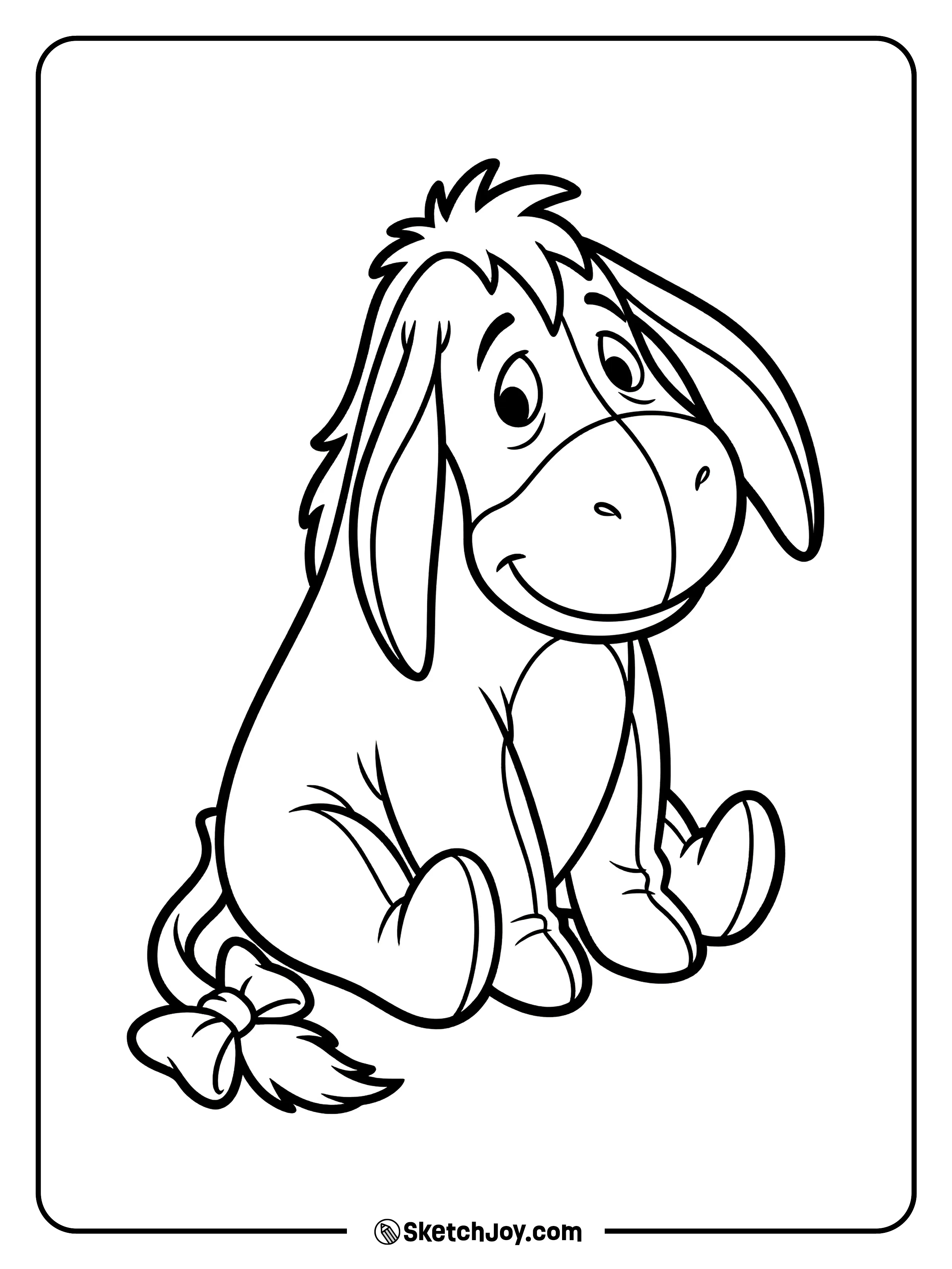 Eeyore sits calmly with a soft smile and his tail bow.