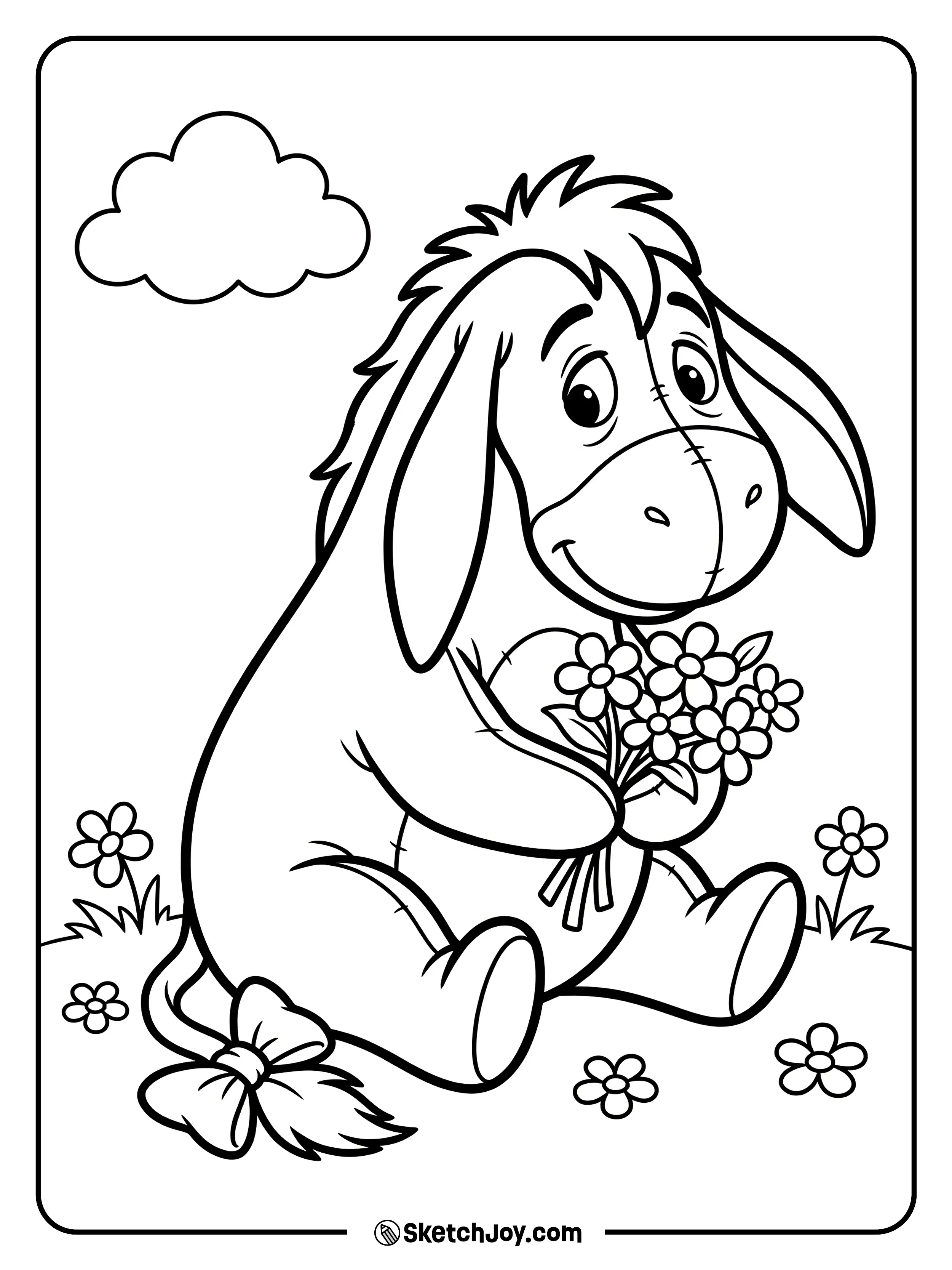 Eeyore holds a small bouquet with a gentle smile.