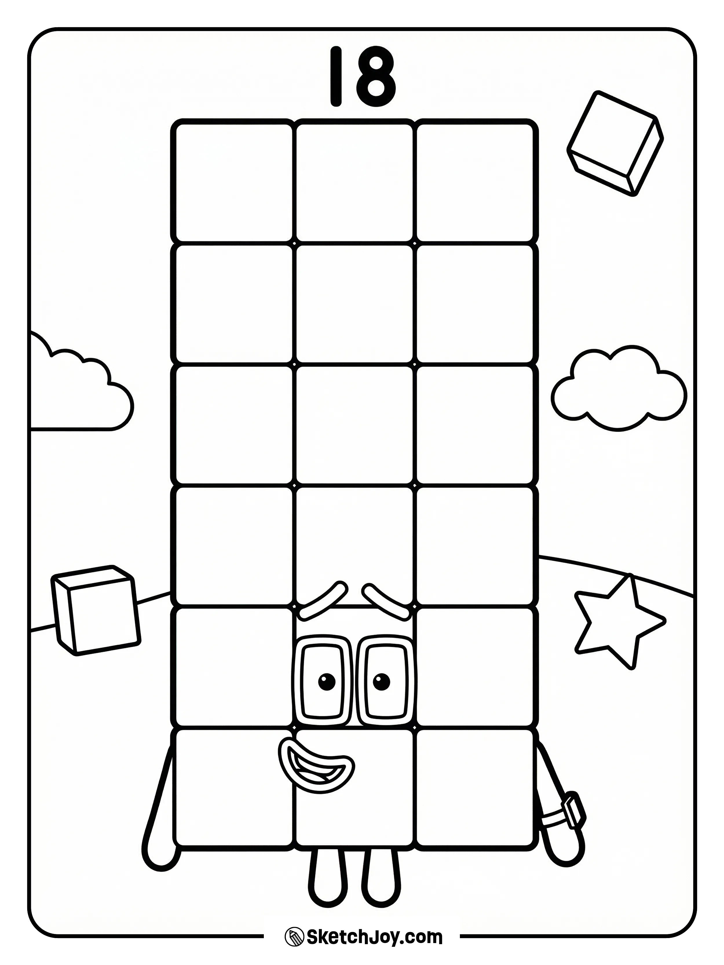 Numberblocks Eighteen is a tall block wall with a friendly smile.