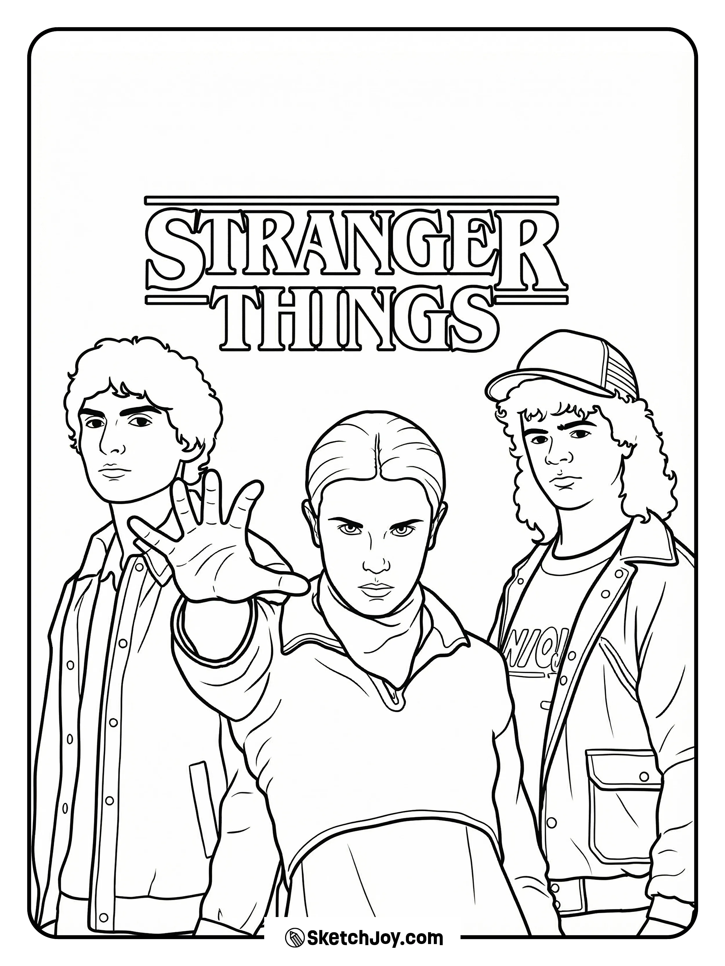 Eleven reaches out with her hand while Mike and Dustin stand beside her.