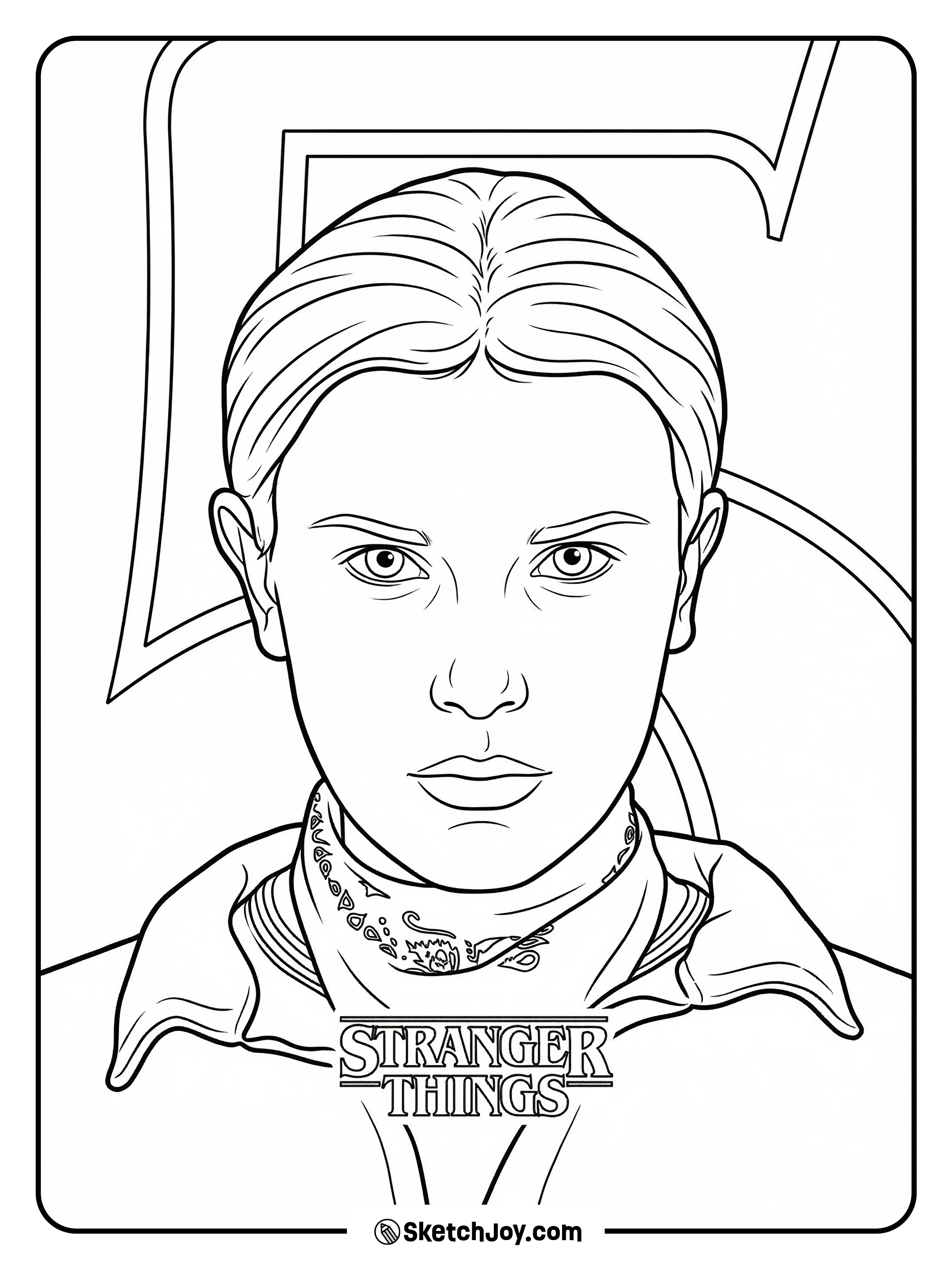 A close-up of Eleven in Season 5 shows her steady gaze and bandana around her neck.