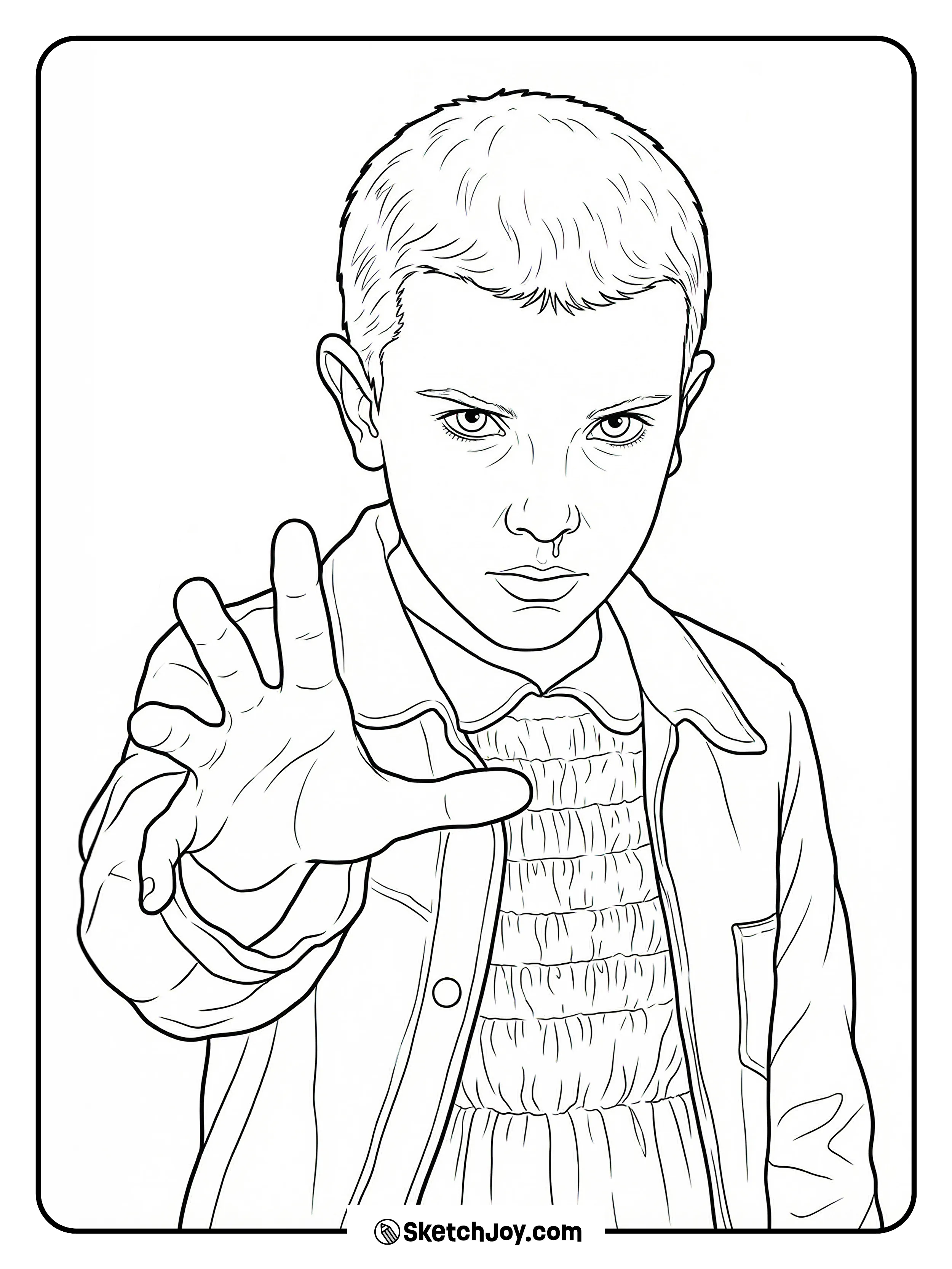 Eleven steps toward the viewer with her hand stretched out and a fierce look in her eyes.