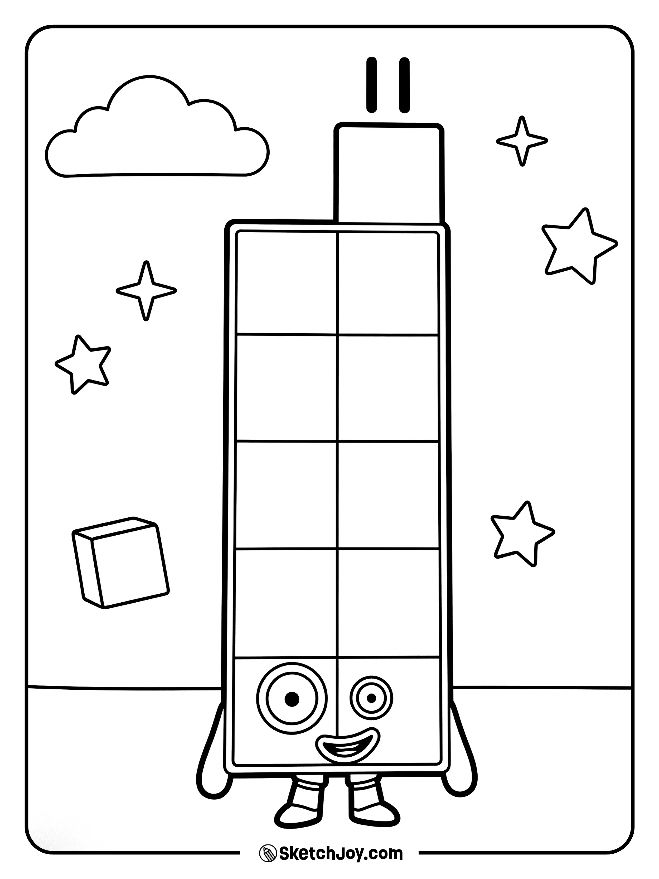 Numberblocks Eleven stands as a tall stack with a cheeky smile.