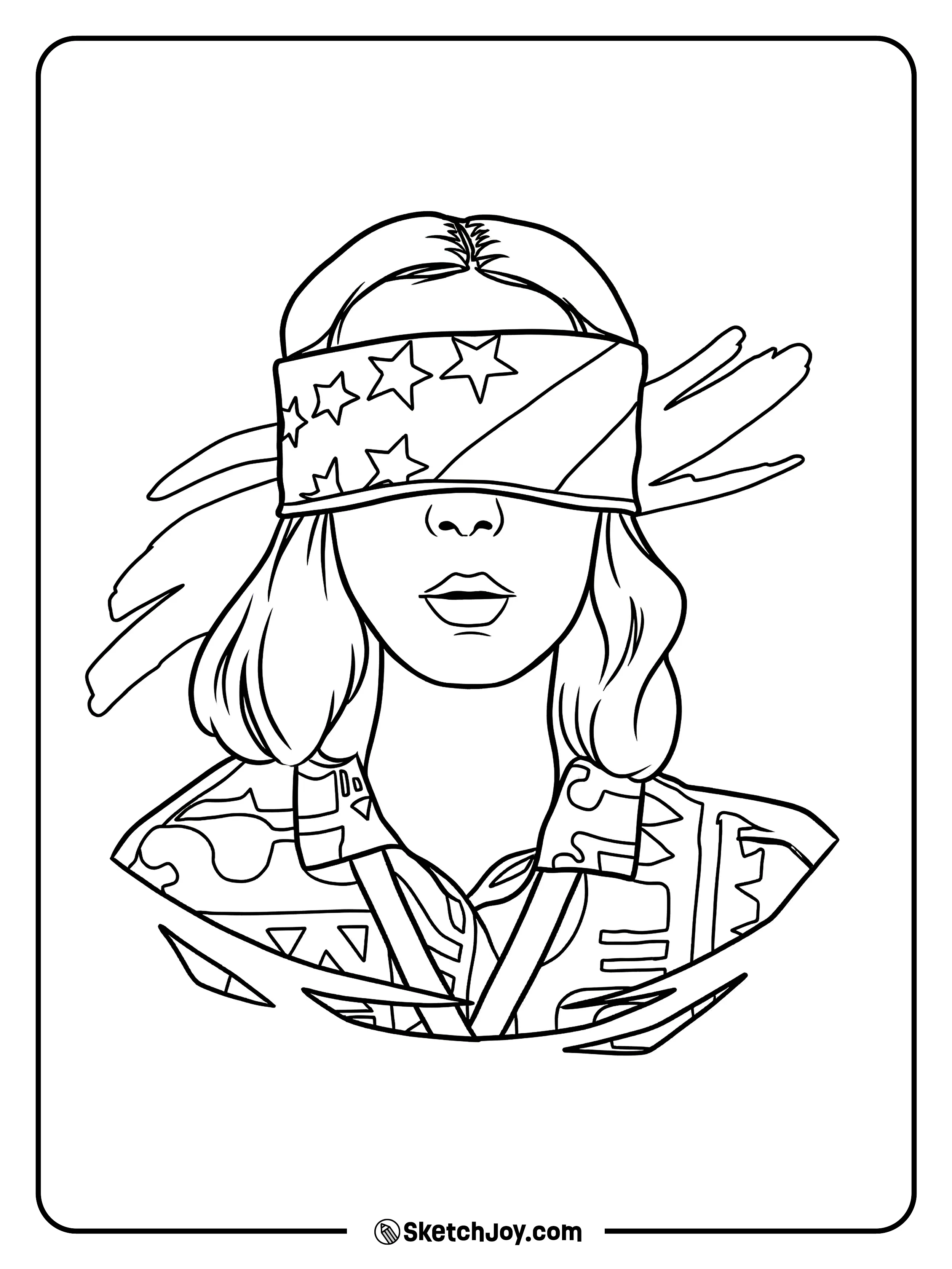 Eleven’s eyes are covered by a star print flag blindfold as she faces forward in her patterned shirt.