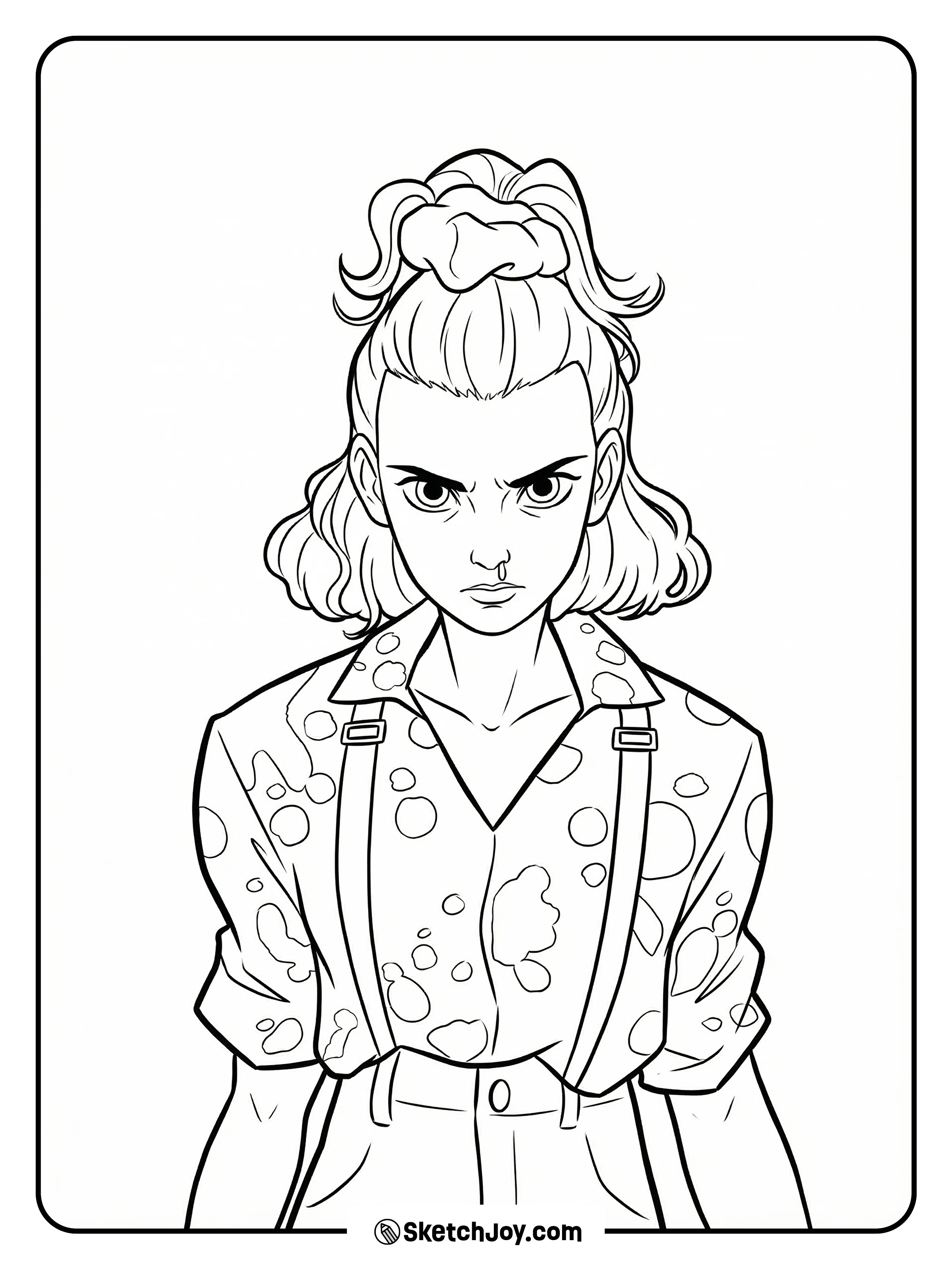 Eleven looks straight ahead with a strong face.