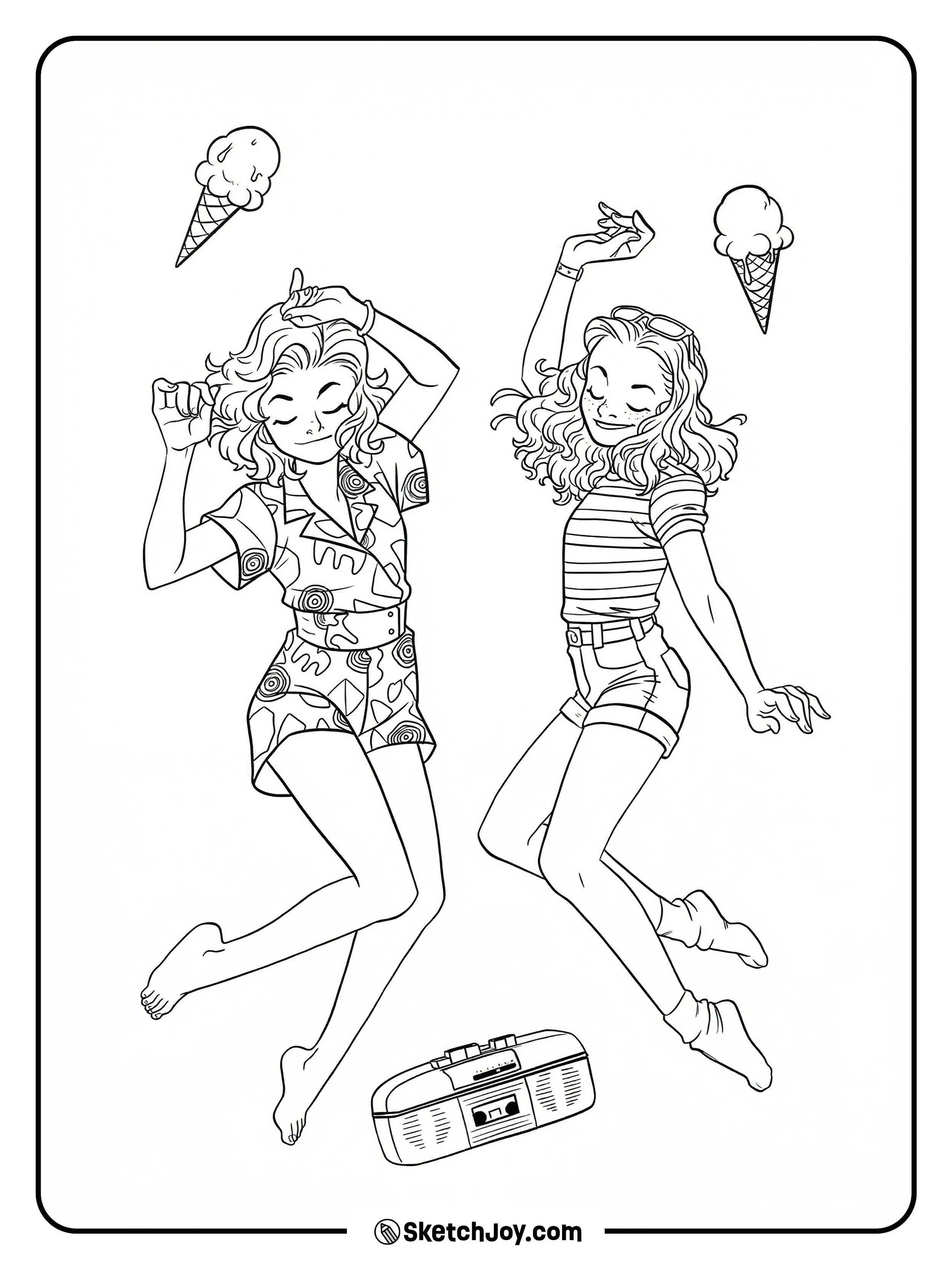 Eleven and Max jump and dance together while ice cream cones and a music player float around them.