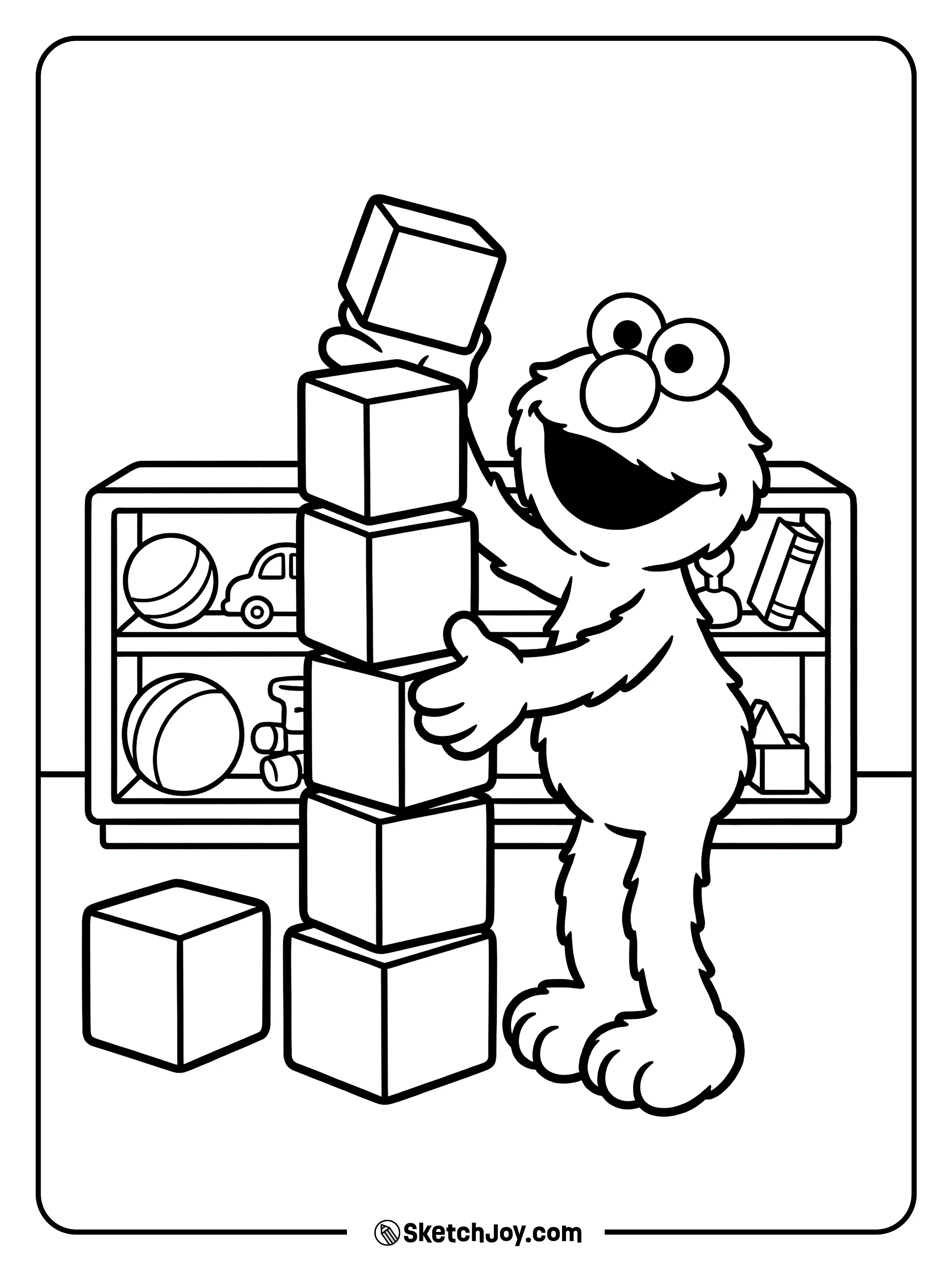 Elmo stacks blocks into a tall tower and laughs.