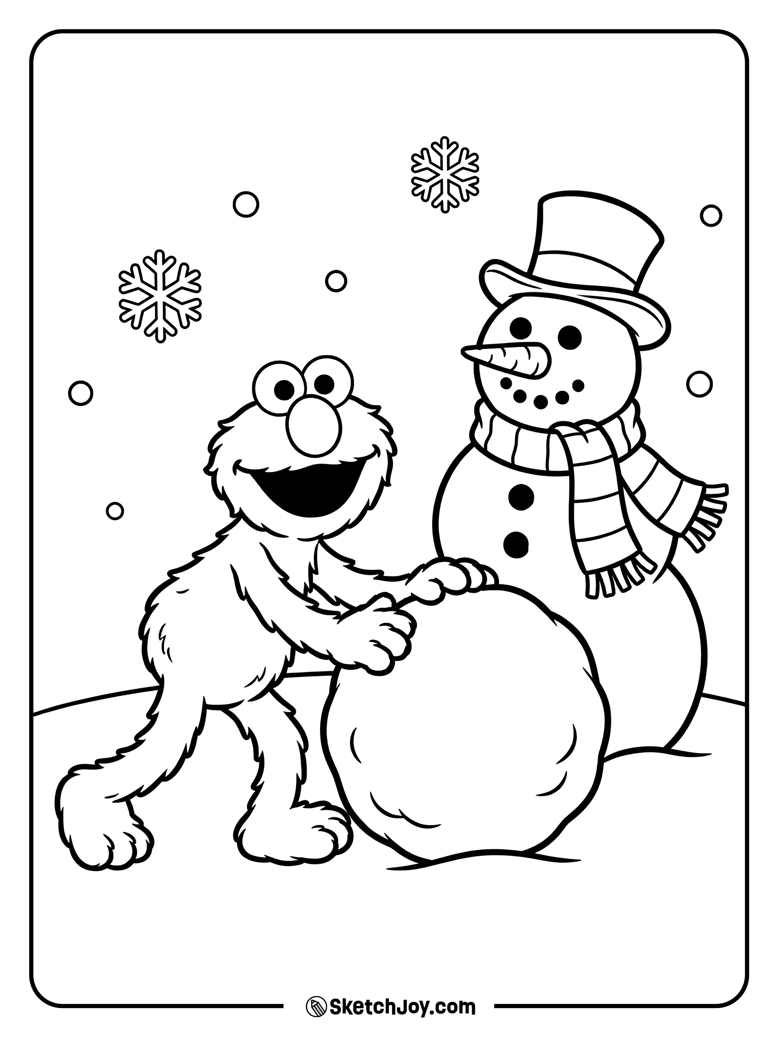 Elmo makes a snowman with a scarf and a carrot nose.