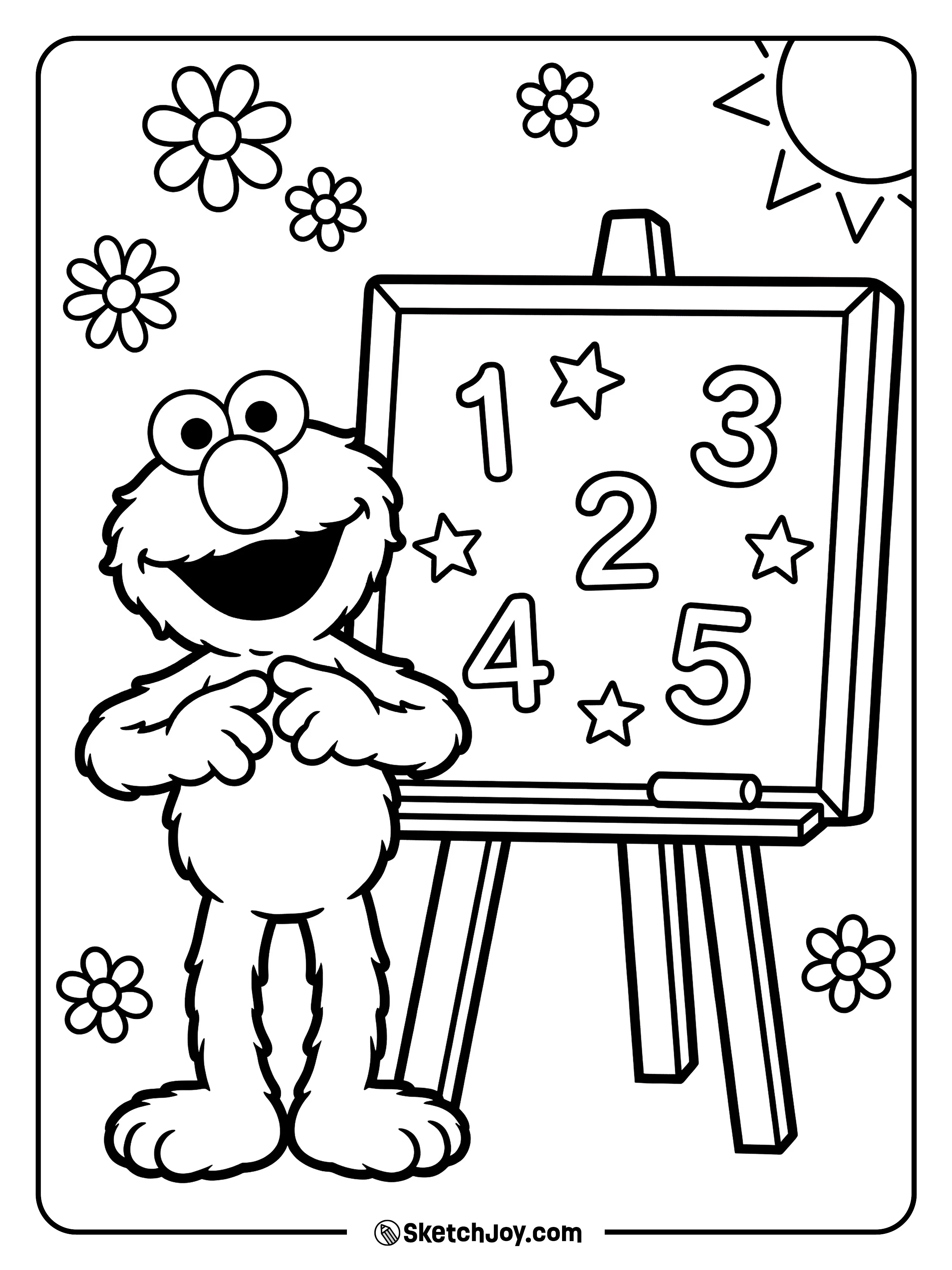 Elmo points to a board with big numbers and stars.