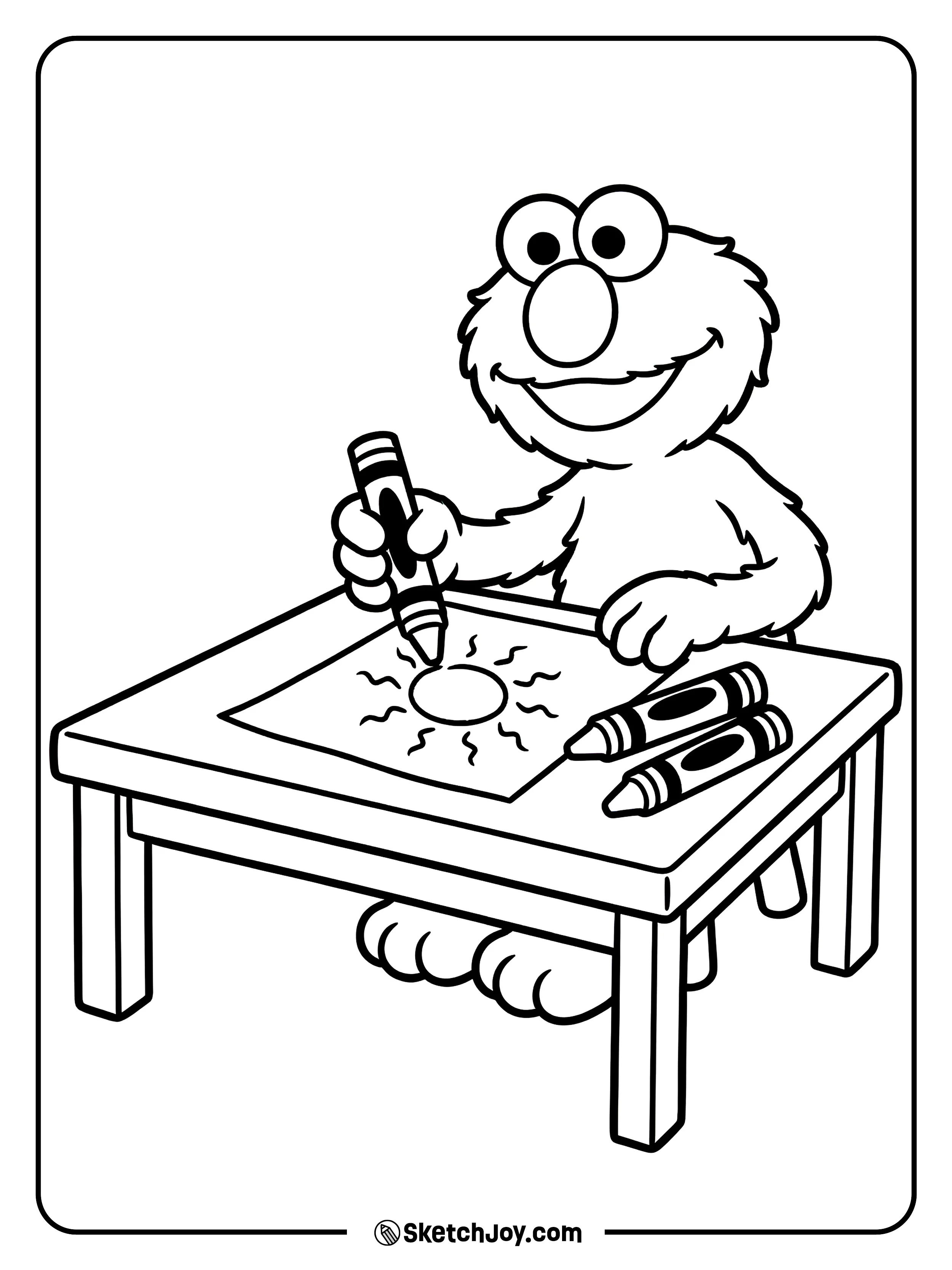 Elmo draws a sun on paper with big crayons.