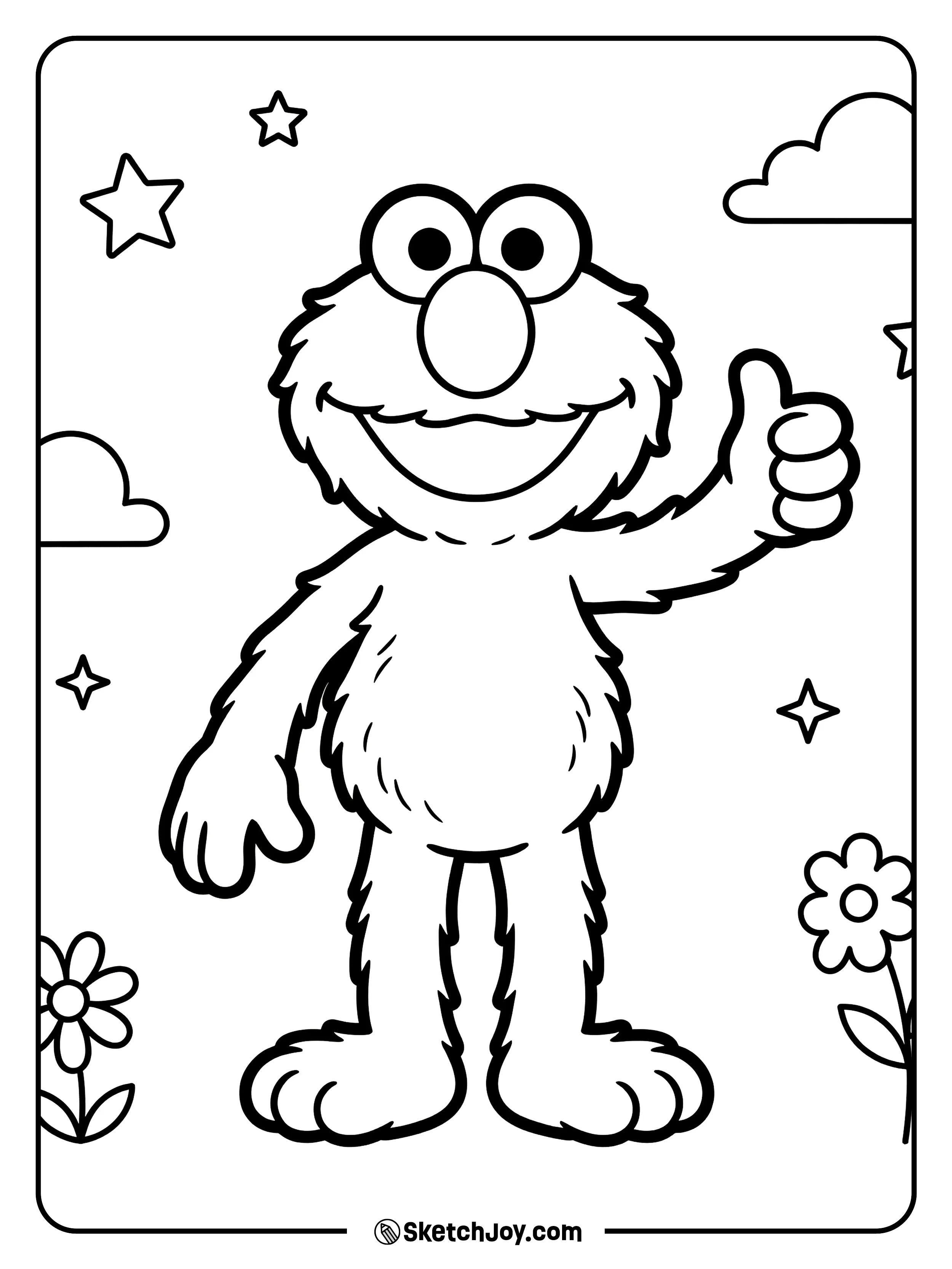 Elmo smiles and gives a thumbs up sign.