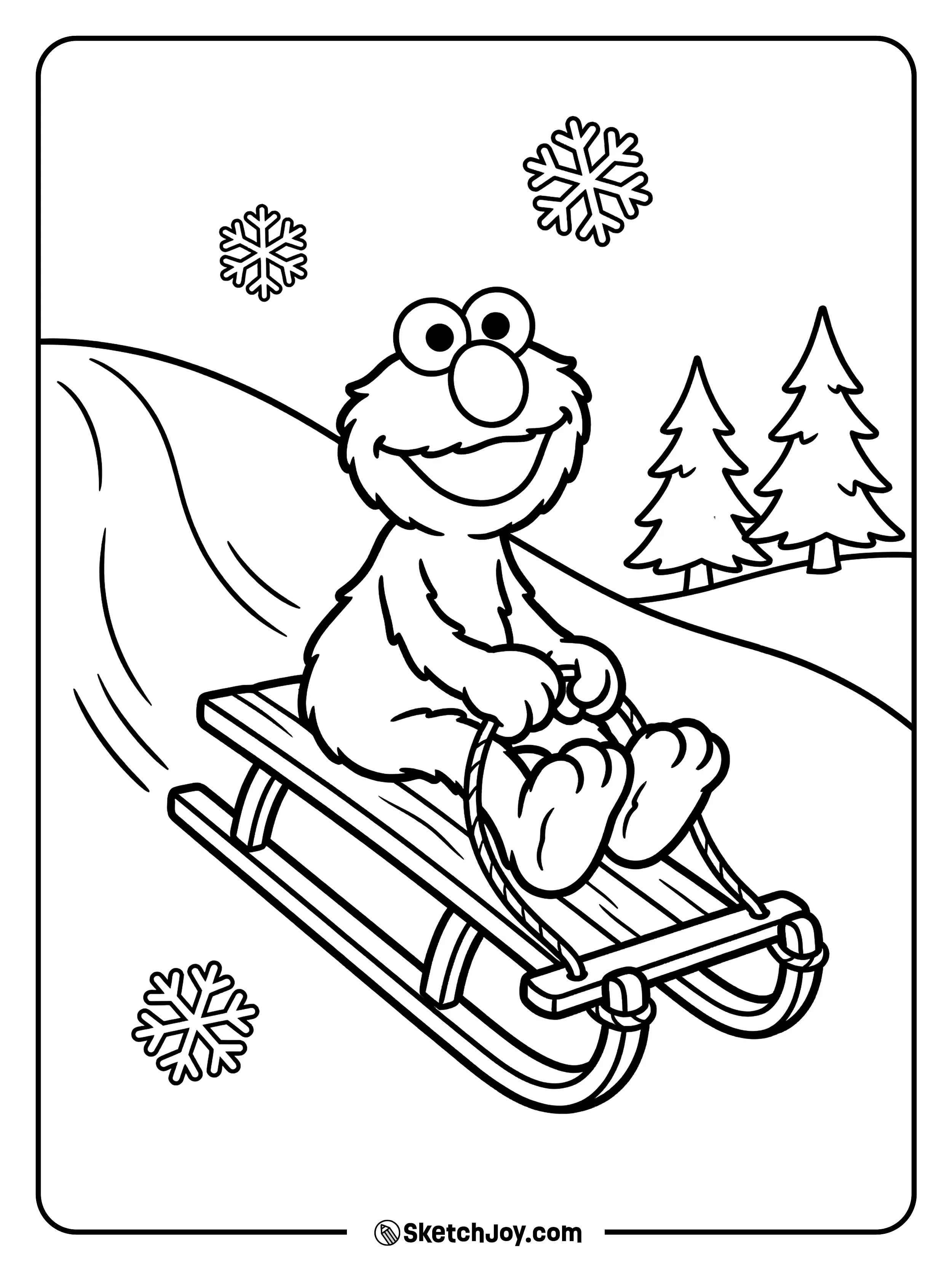 Elmo rides a sled down a small snowy hill.