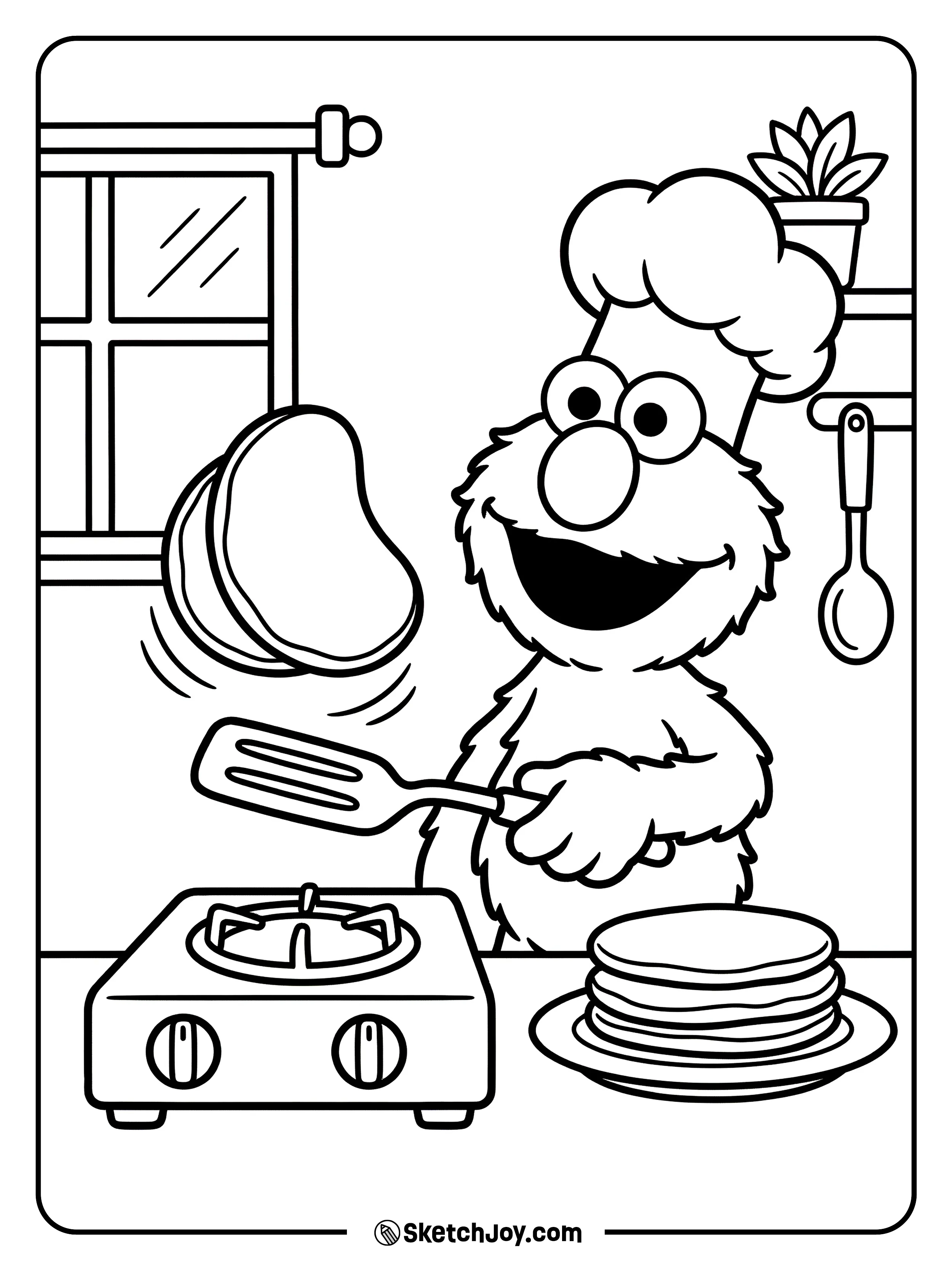 Elmo flips a pancake in a pan on the stove.