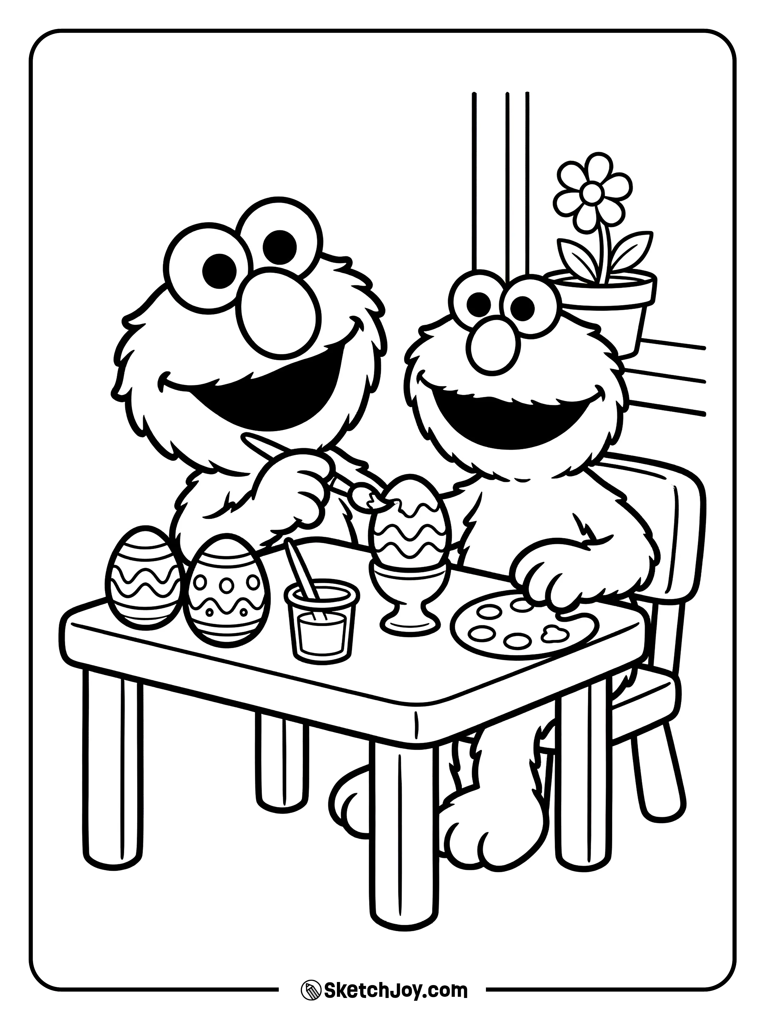 Elmo decorates eggs on a table with a paint brush.