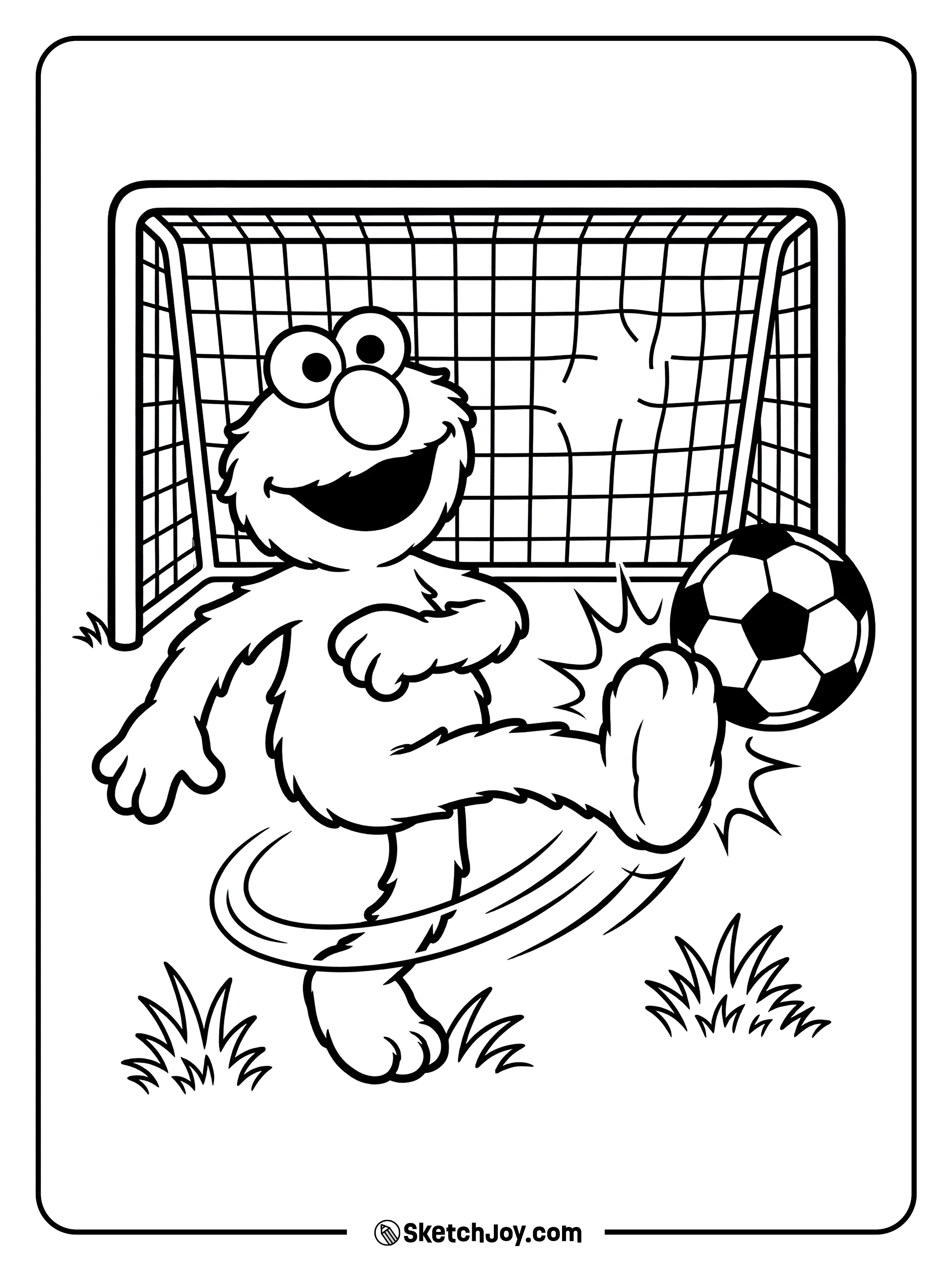 Elmo kicks a soccer ball toward a small goal.