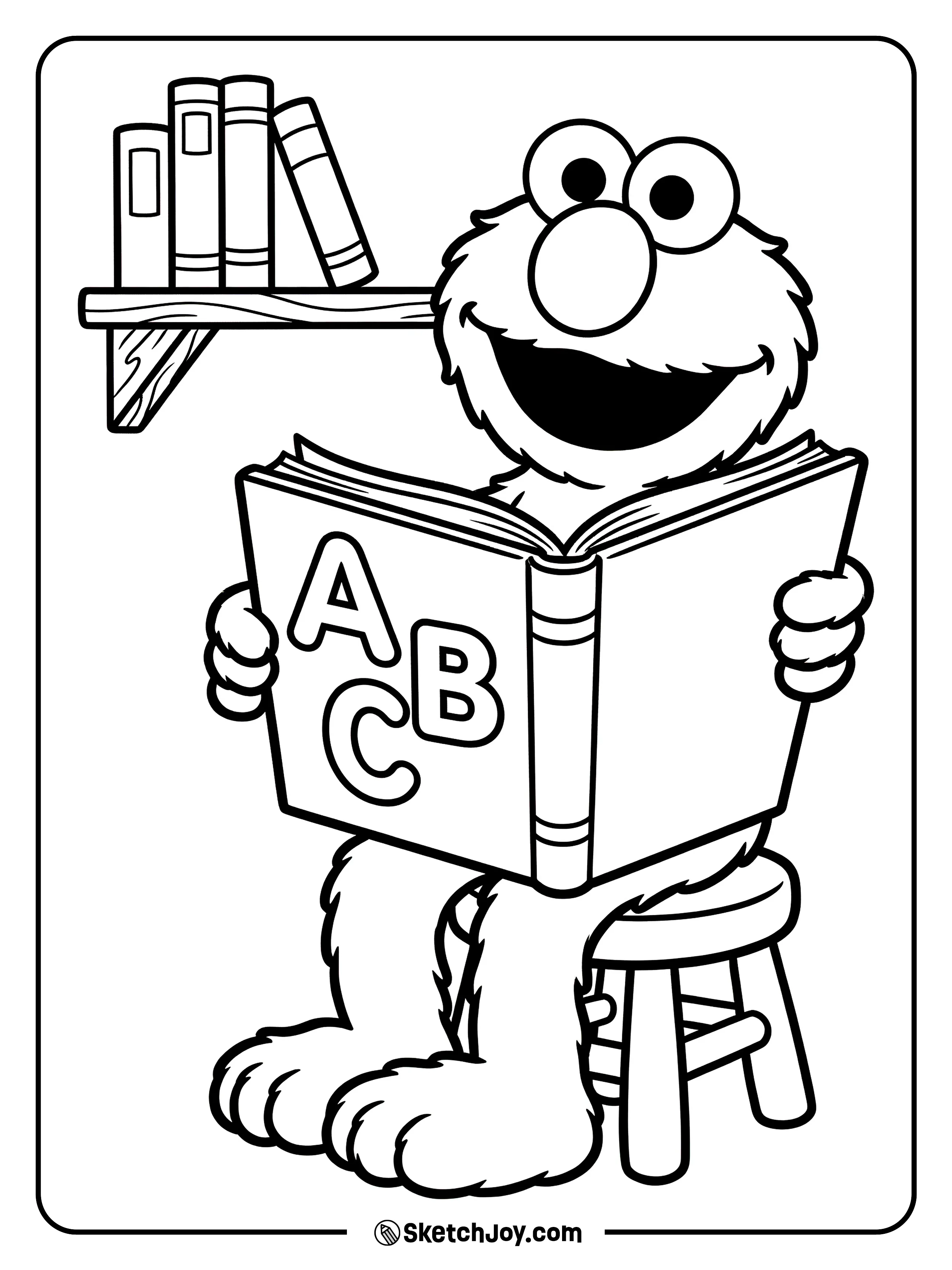 Elmo reads a big book with large letters on the cover.
